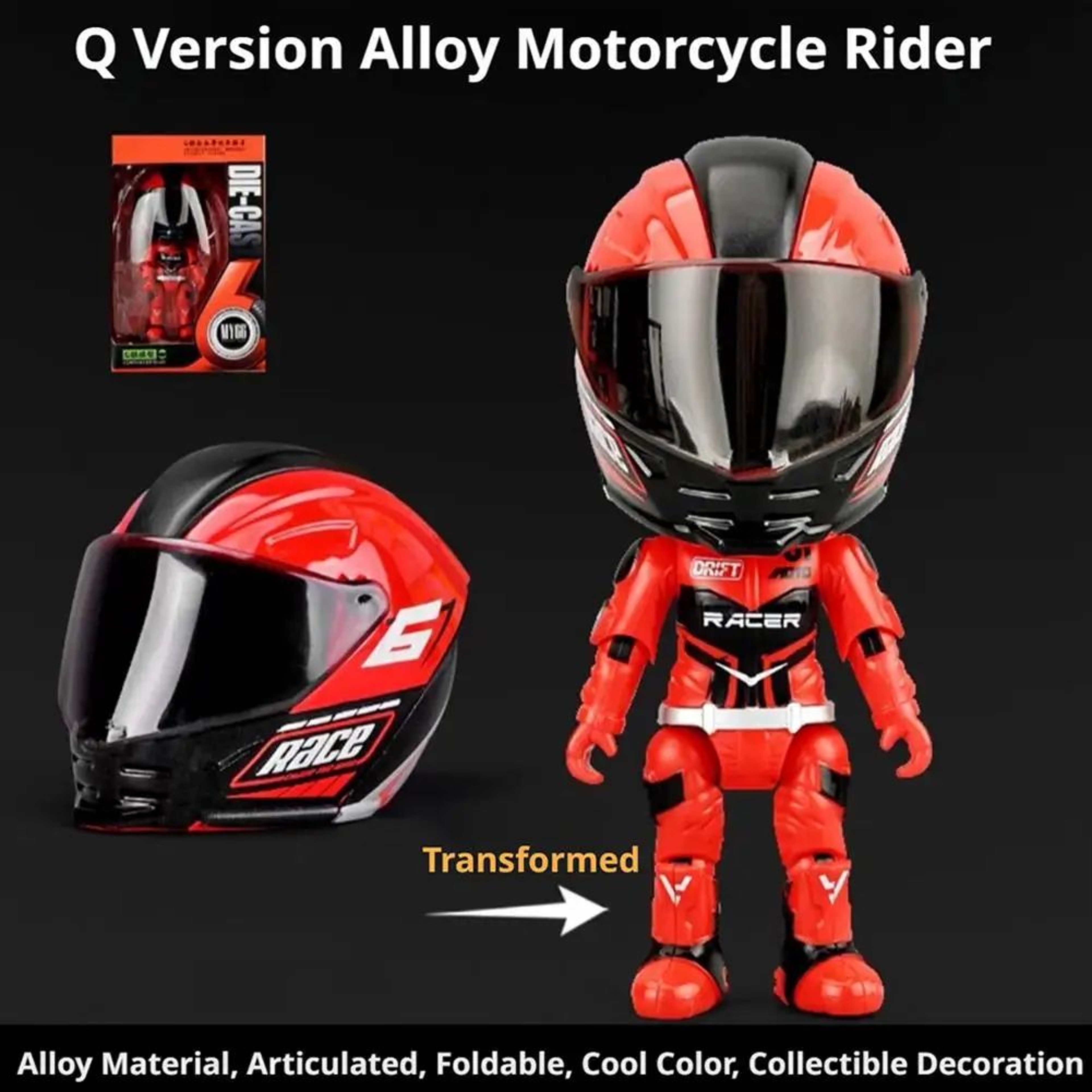Alloy Motorcycle Rider Action Figure With Transforming Helmet And Poseable Joints 3