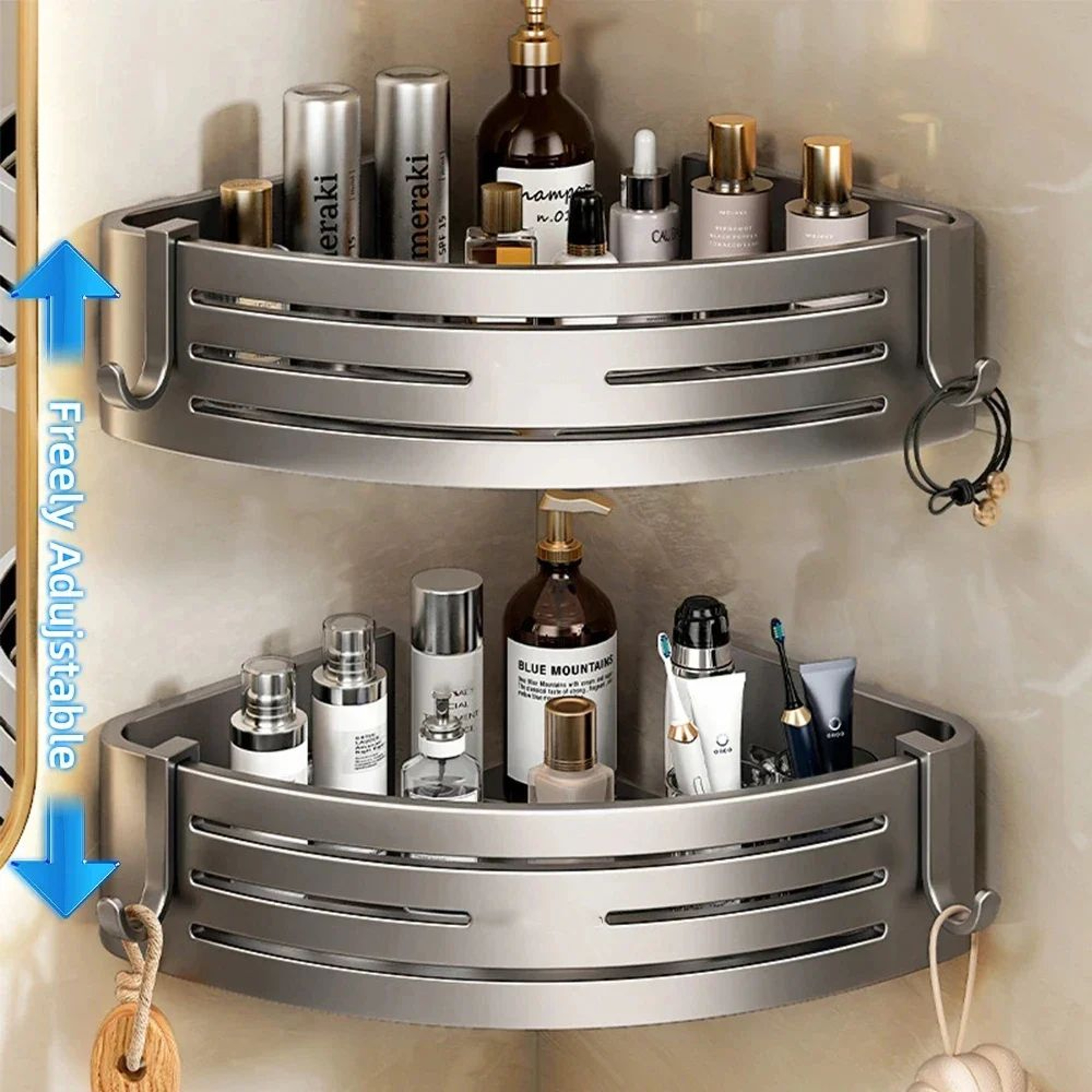 NoDrill Aluminum Corner Shower Shelf With Towel Bar And Hooks 0