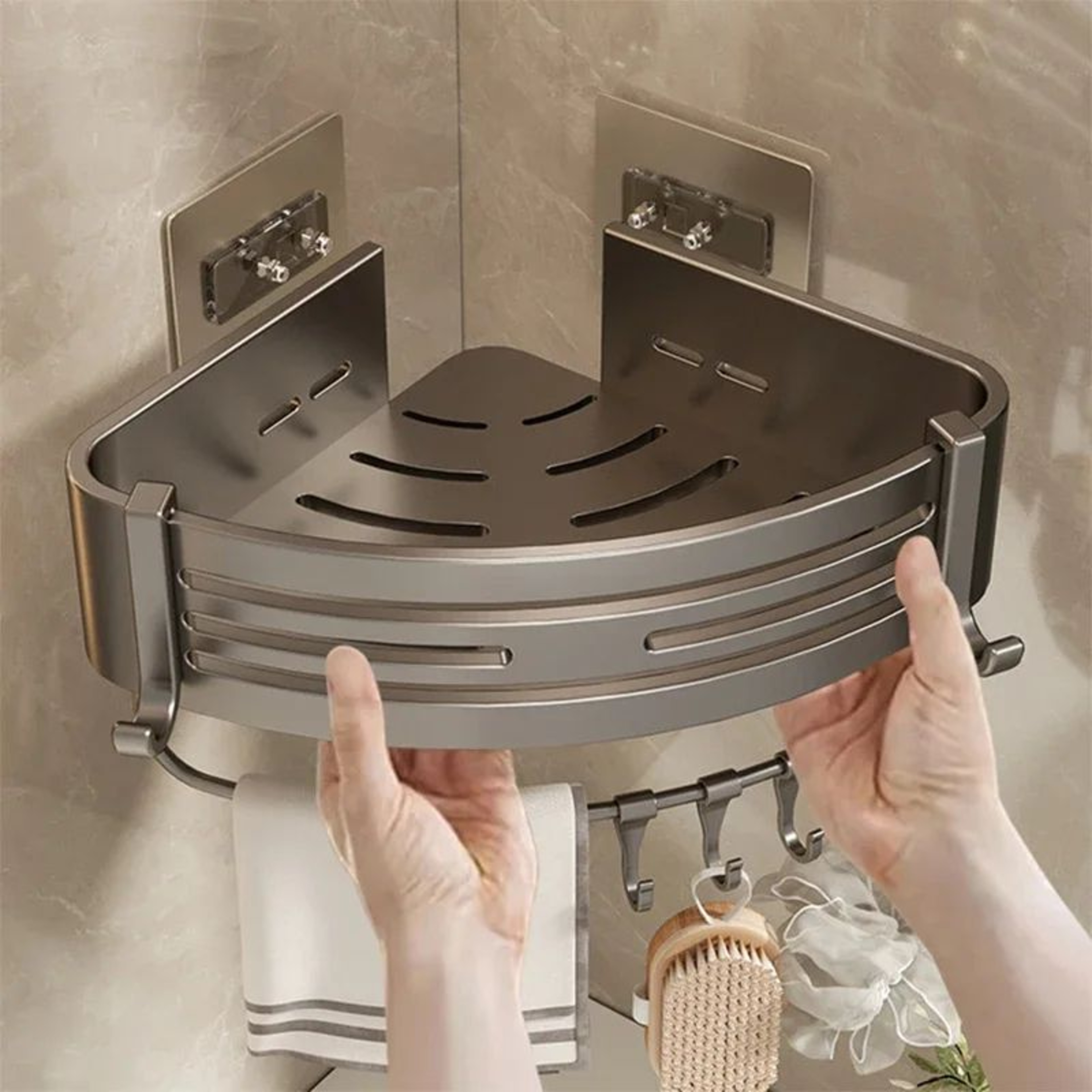 NoDrill Aluminum Corner Shower Shelf With Towel Bar And Hooks 2