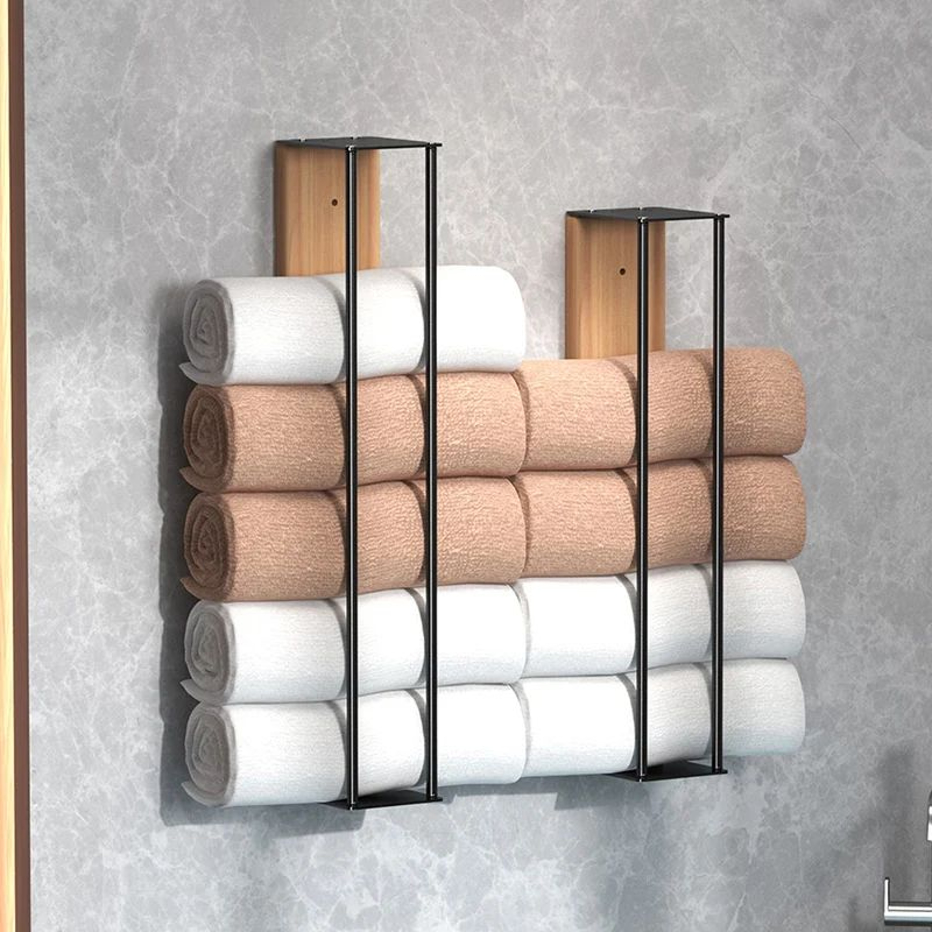 Wall Mounted Rolled Towel Storage Rack  No Drill Bathroom Organizer 0
