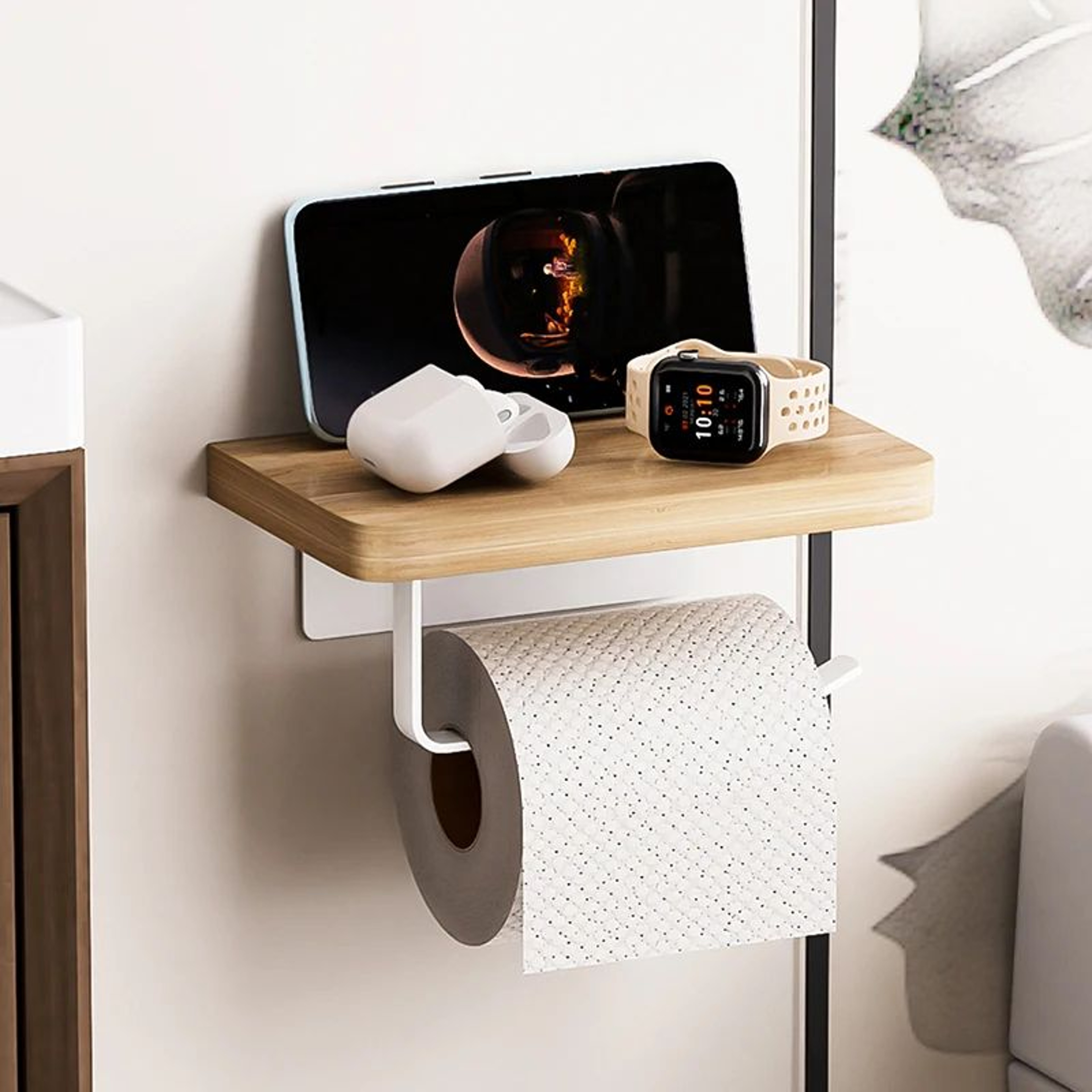 Solid Wood Toilet Paper Holder With Shelf No Drill Wall Mounted Bathroom Organizer 1