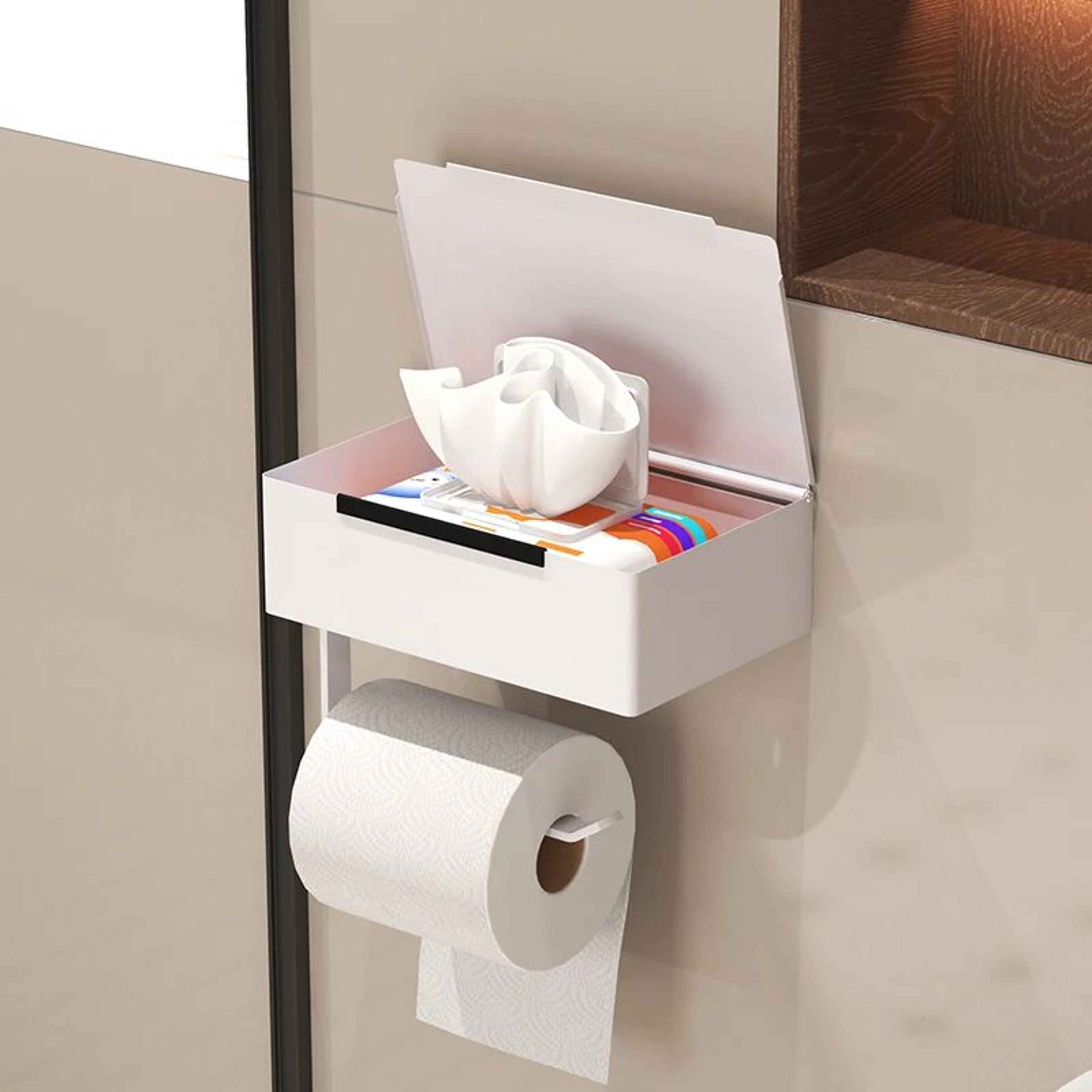 NoDrill Toilet Paper Holder With Wet Wipe Storage Box And Bathroom Shelf 1