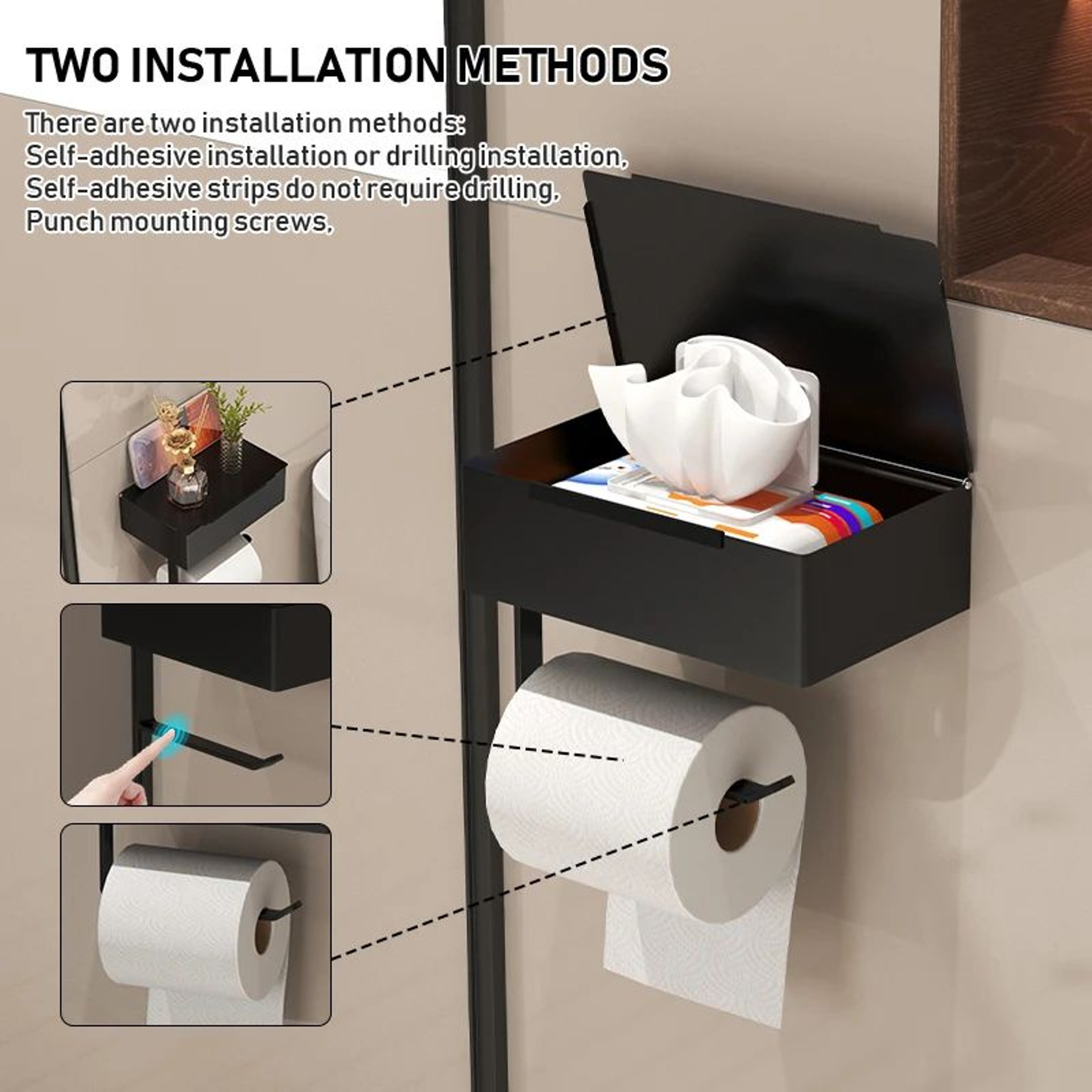 NoDrill Toilet Paper Holder With Wet Wipe Storage Box And Bathroom Shelf 4