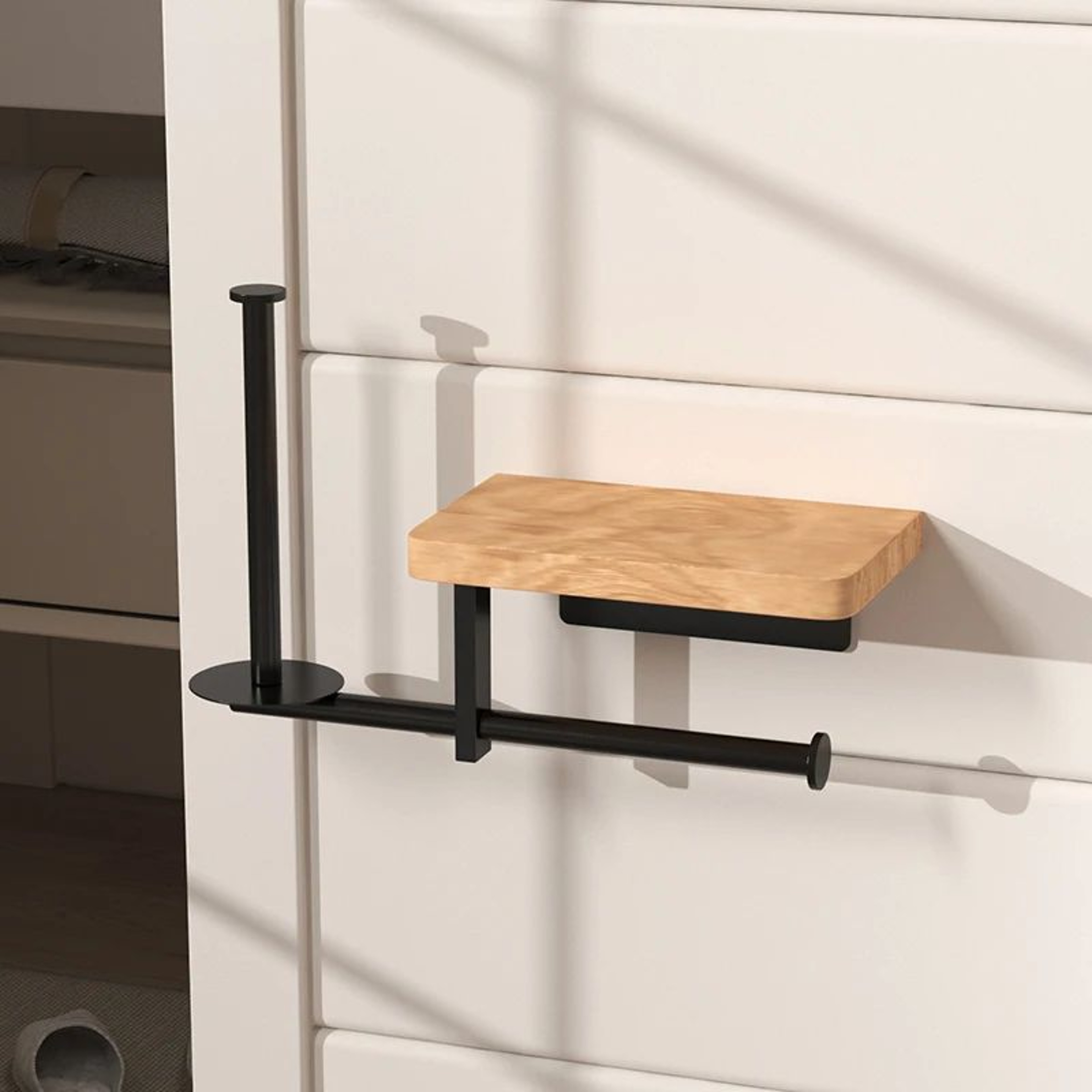 Wooden Wall Mounted Toilet Paper Holder With Shelf And Towel Storage 2