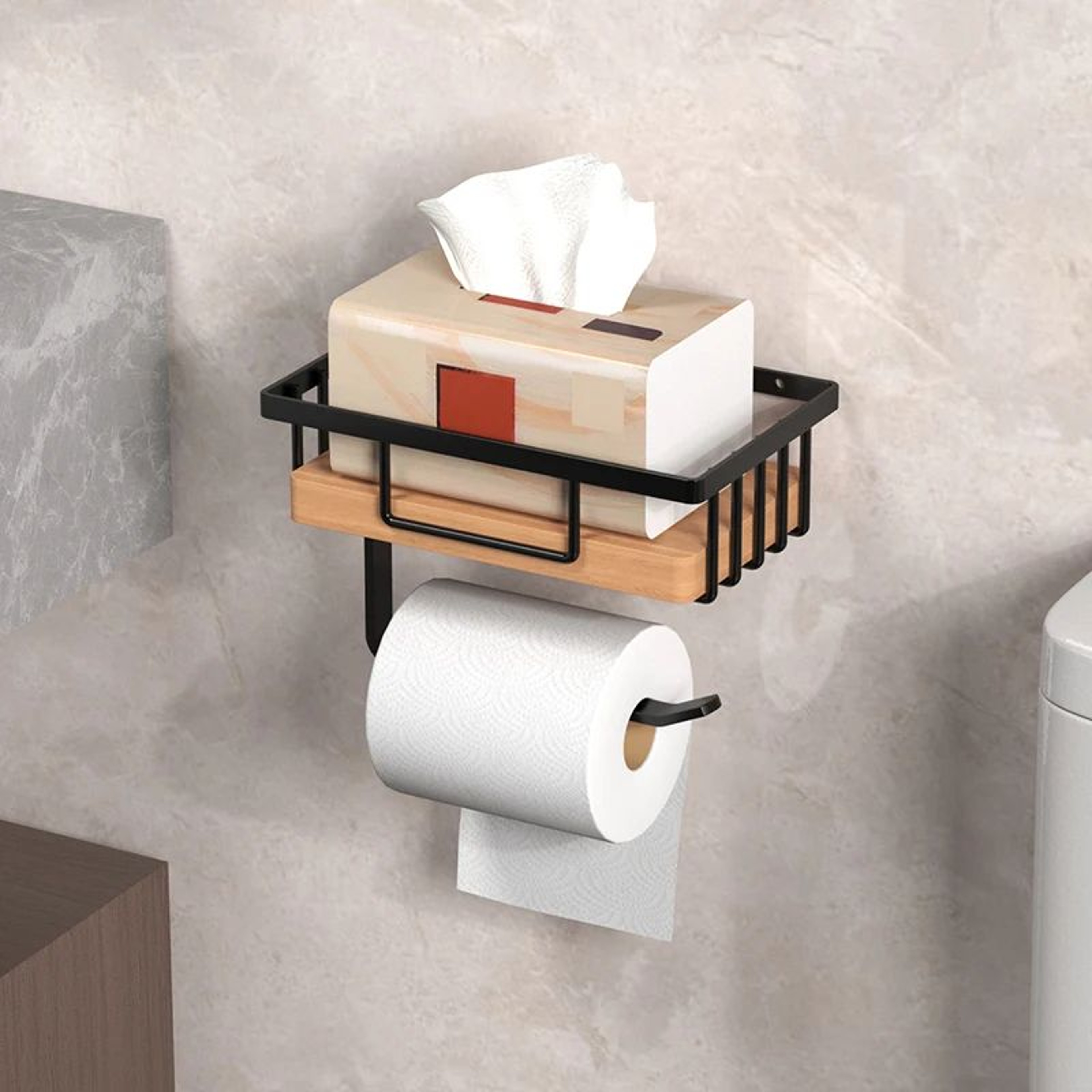 Wooden Wall Mounted Toilet Paper Holder With Shelf And Towel Storage 4