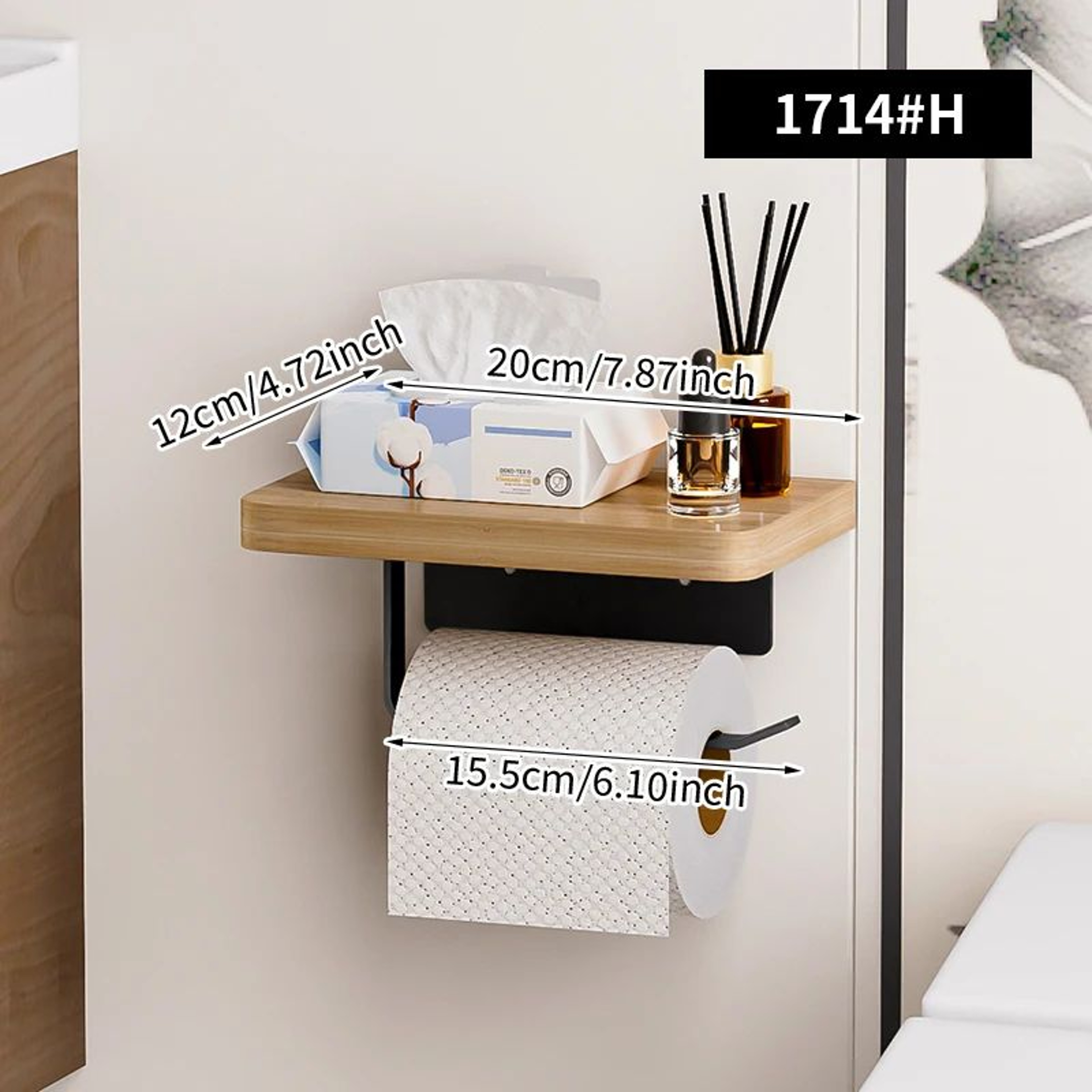 Wooden Wall Mounted Toilet Paper Holder With Shelf And Towel Storage 8