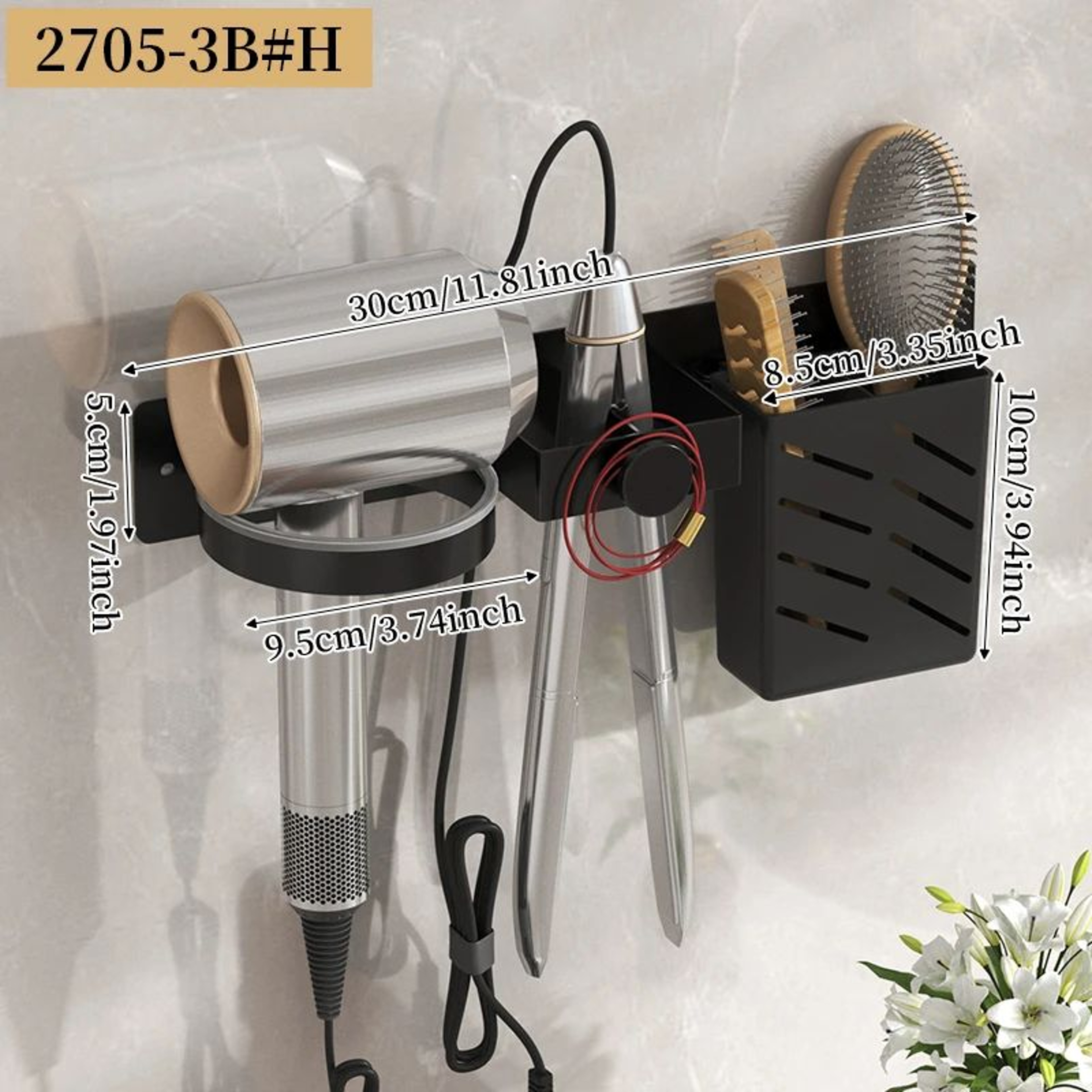 WallMounted Hair Dryer Holder And Styling Tool Organizer For Curling Iron And Straightener 7