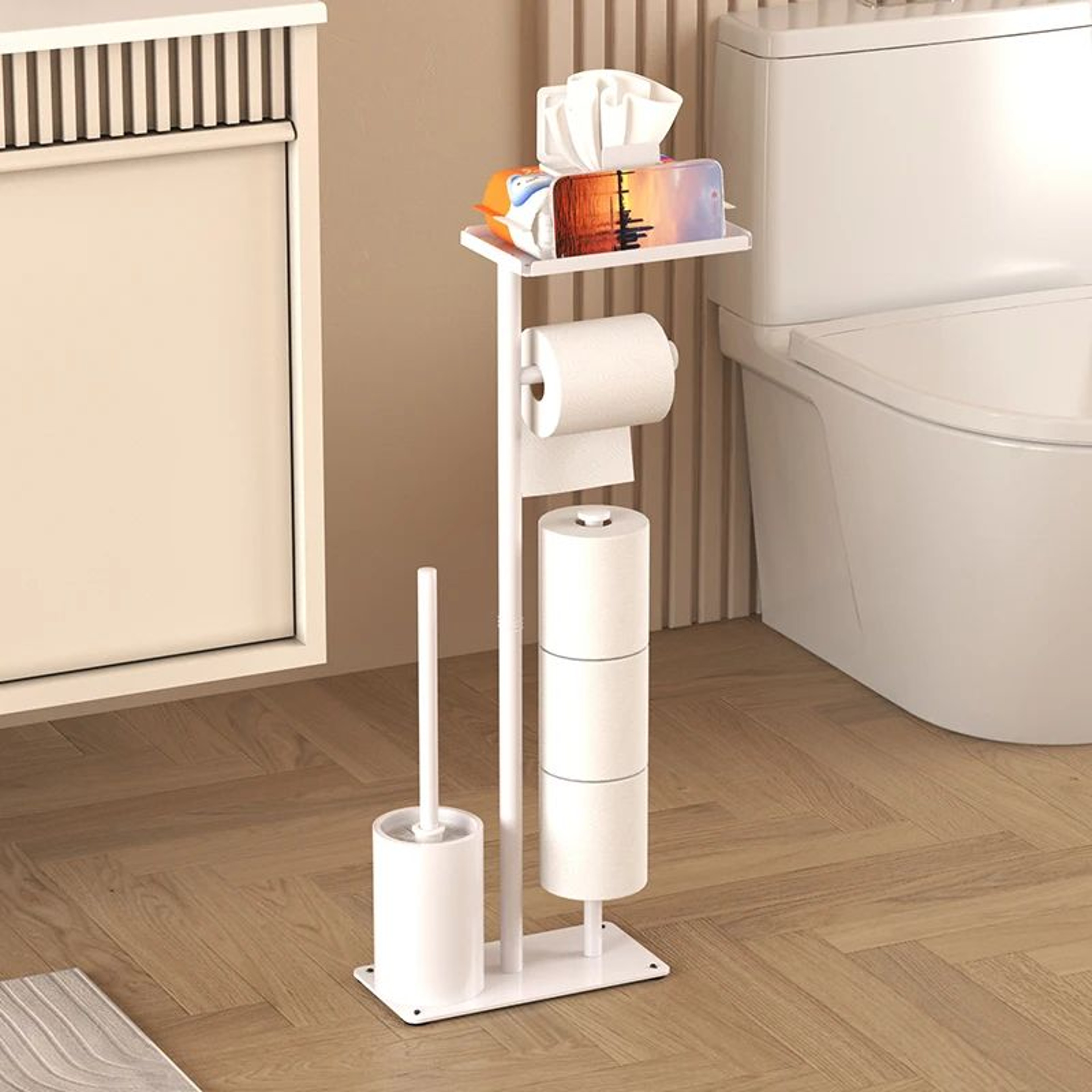 Floor Standing Toilet Paper Holder With Magnetic Roll Bar And Toilet Brush Storage Tray 0