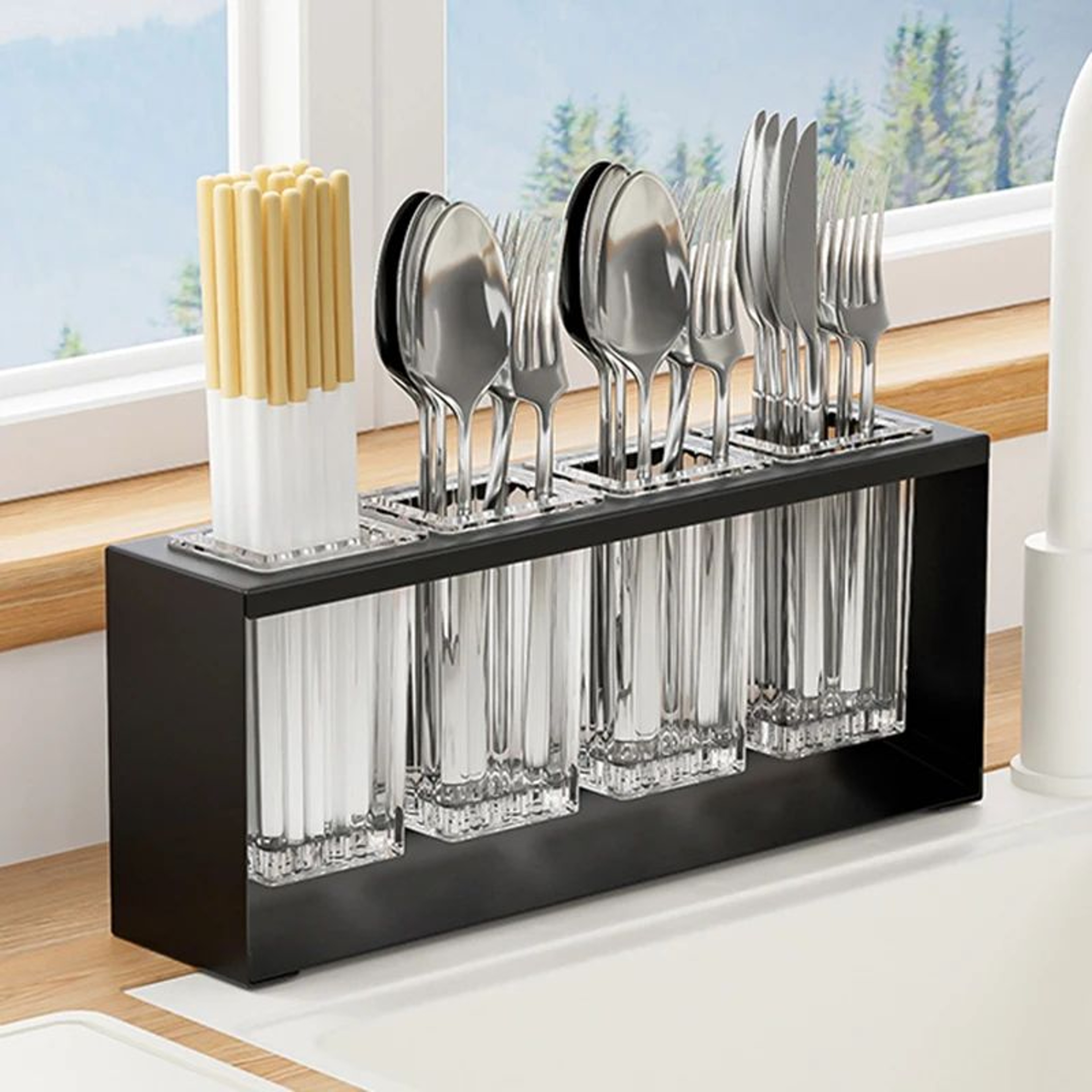 Countertop Chopstick And Utensil Holder With Drainage Rack 0