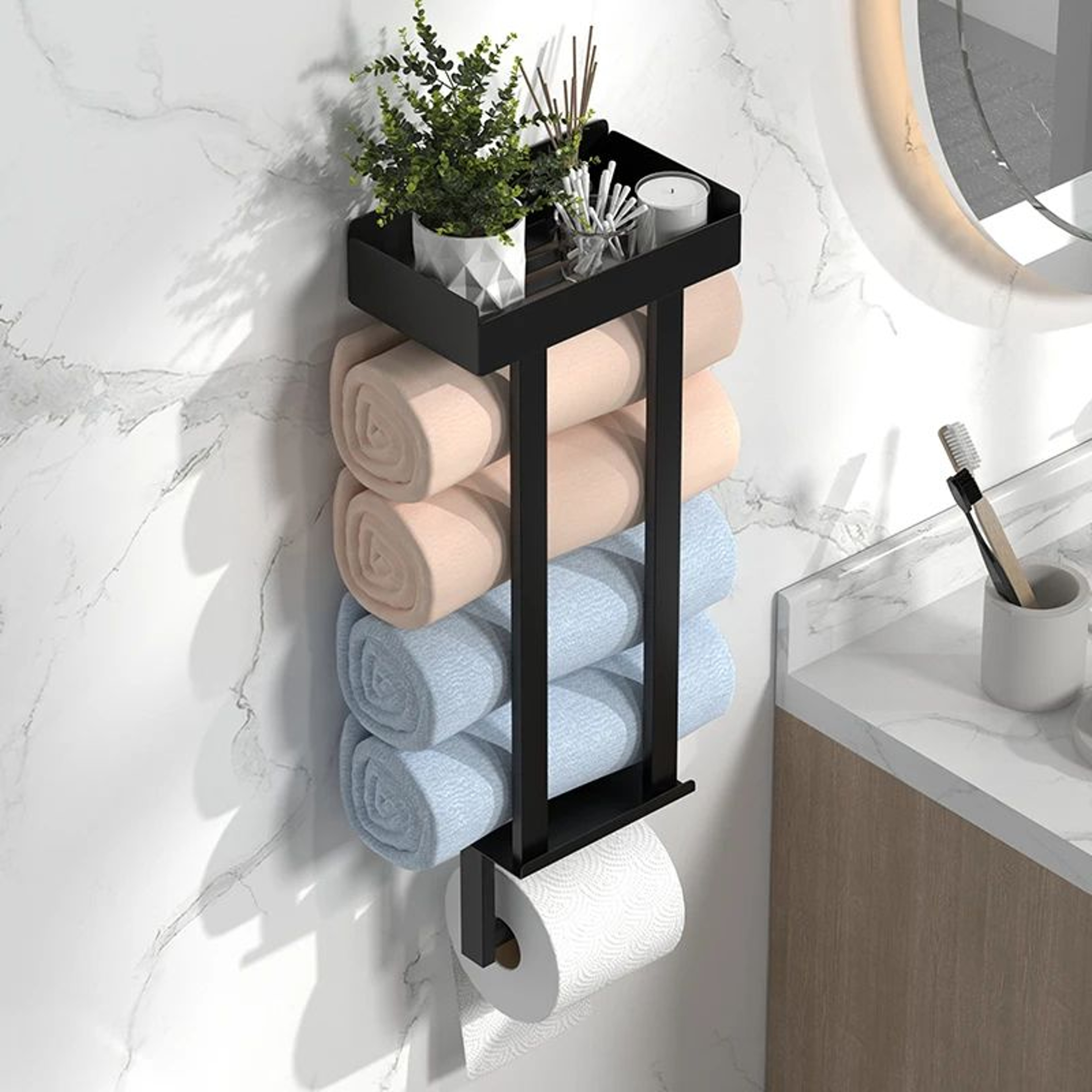 Modern Black Freestanding Toilet Paper Holder And Towel Rack 2