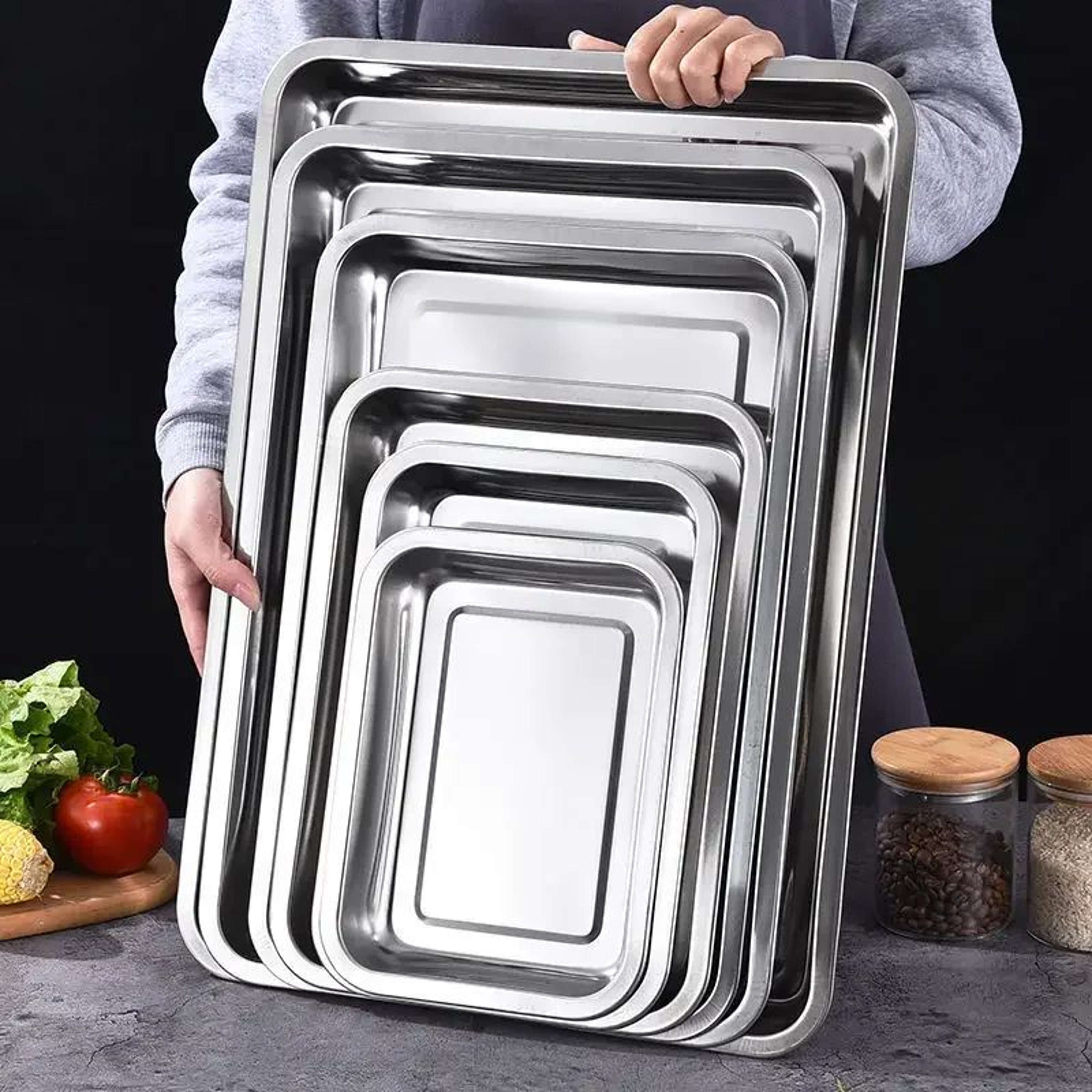Stainless Steel Rectangular Food Serving Tray For BBQ Kitchen And Restaurant 0