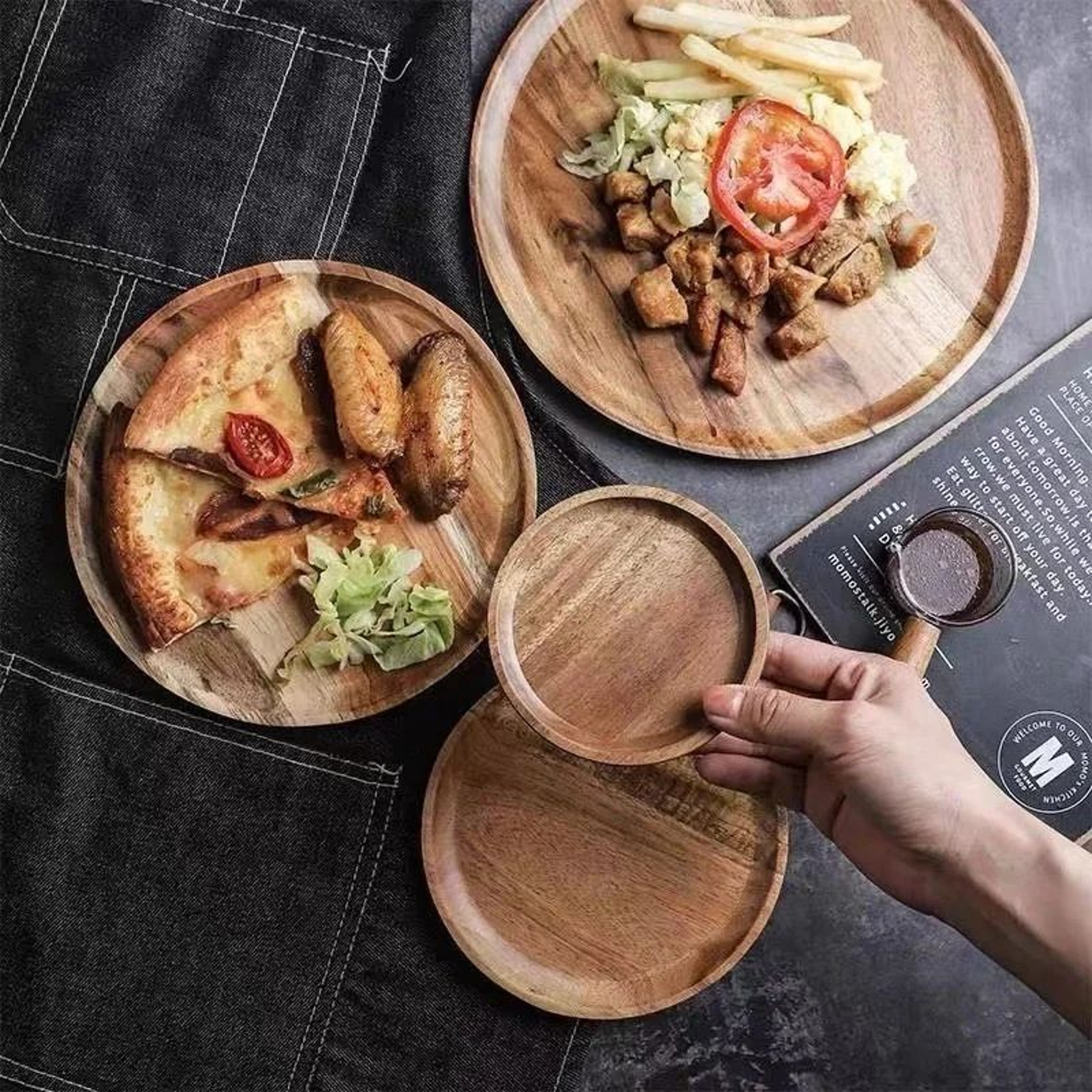 Retro Acacia Wood Round Serving Platter For Pizza Desserts And Snacks 2