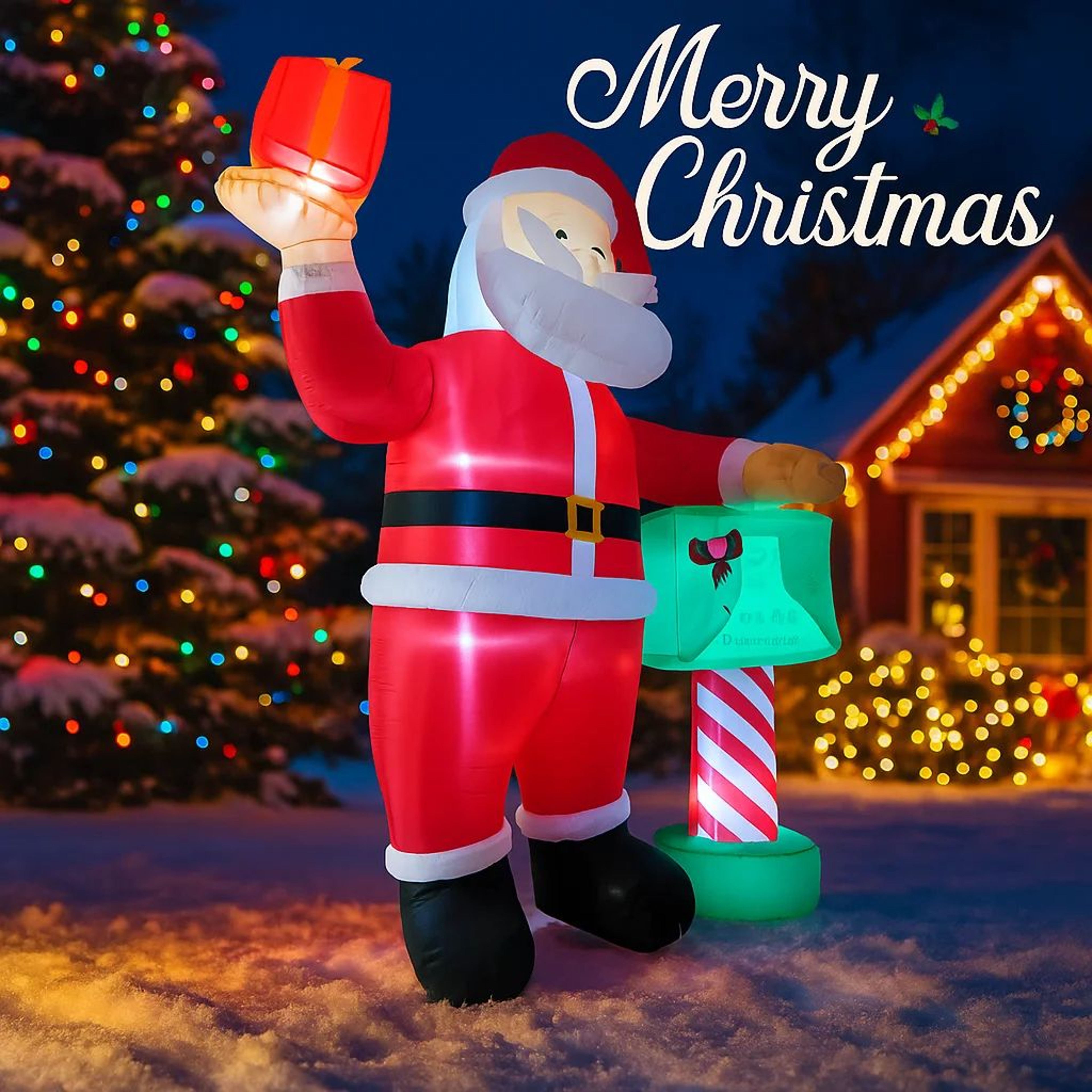 68FT LED Inflatable Santa On Gift Box Christmas Yard Decoration 1