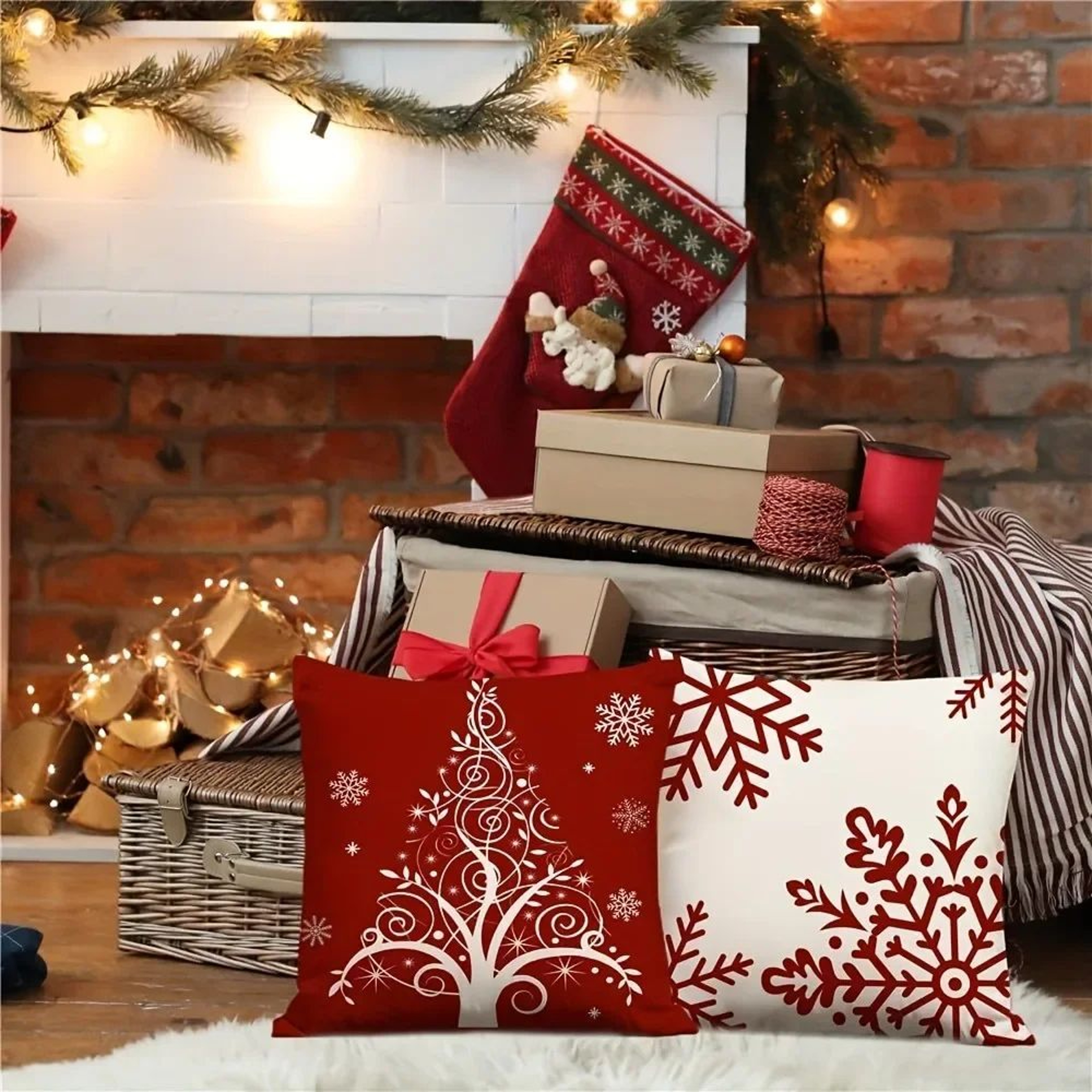 Red Snowflake Christmas Tree Pillow Cover  Festive Holiday Cushion Decor 1