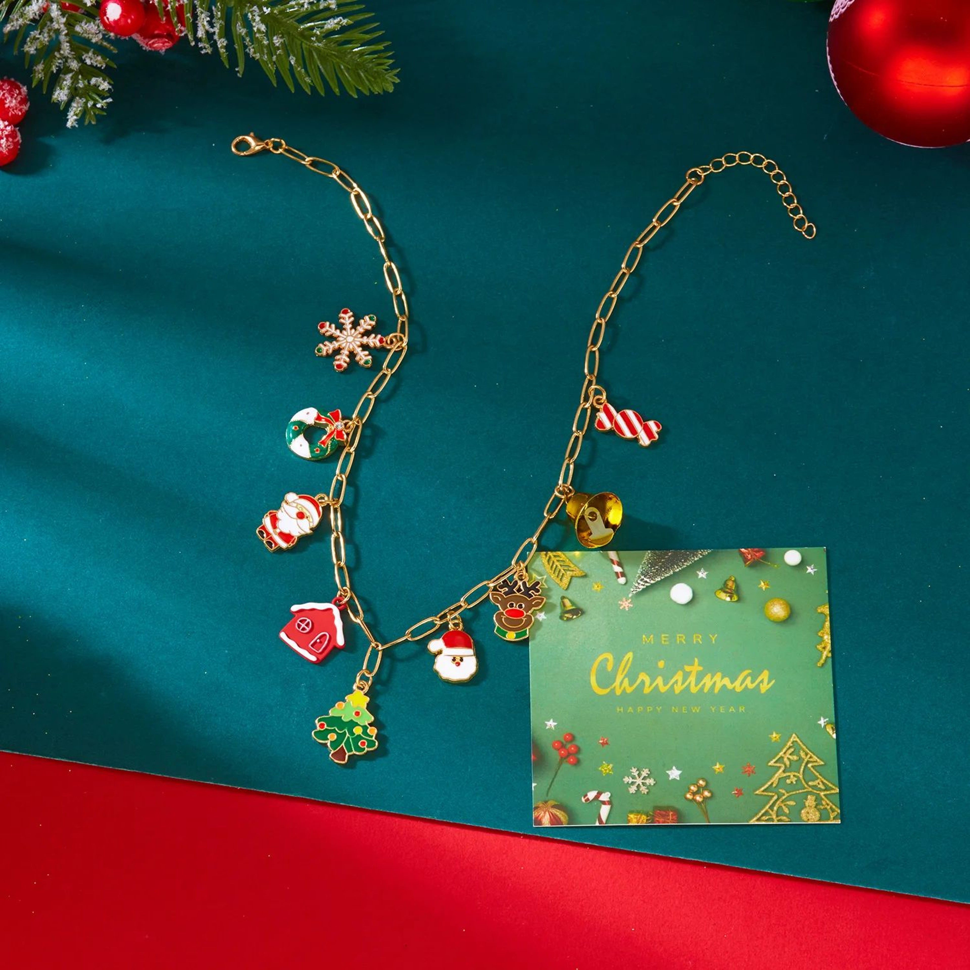 Christmas Rhinestone Pendant Necklace For Women  Snowflake Santa Bell Holiday Jewelry 4