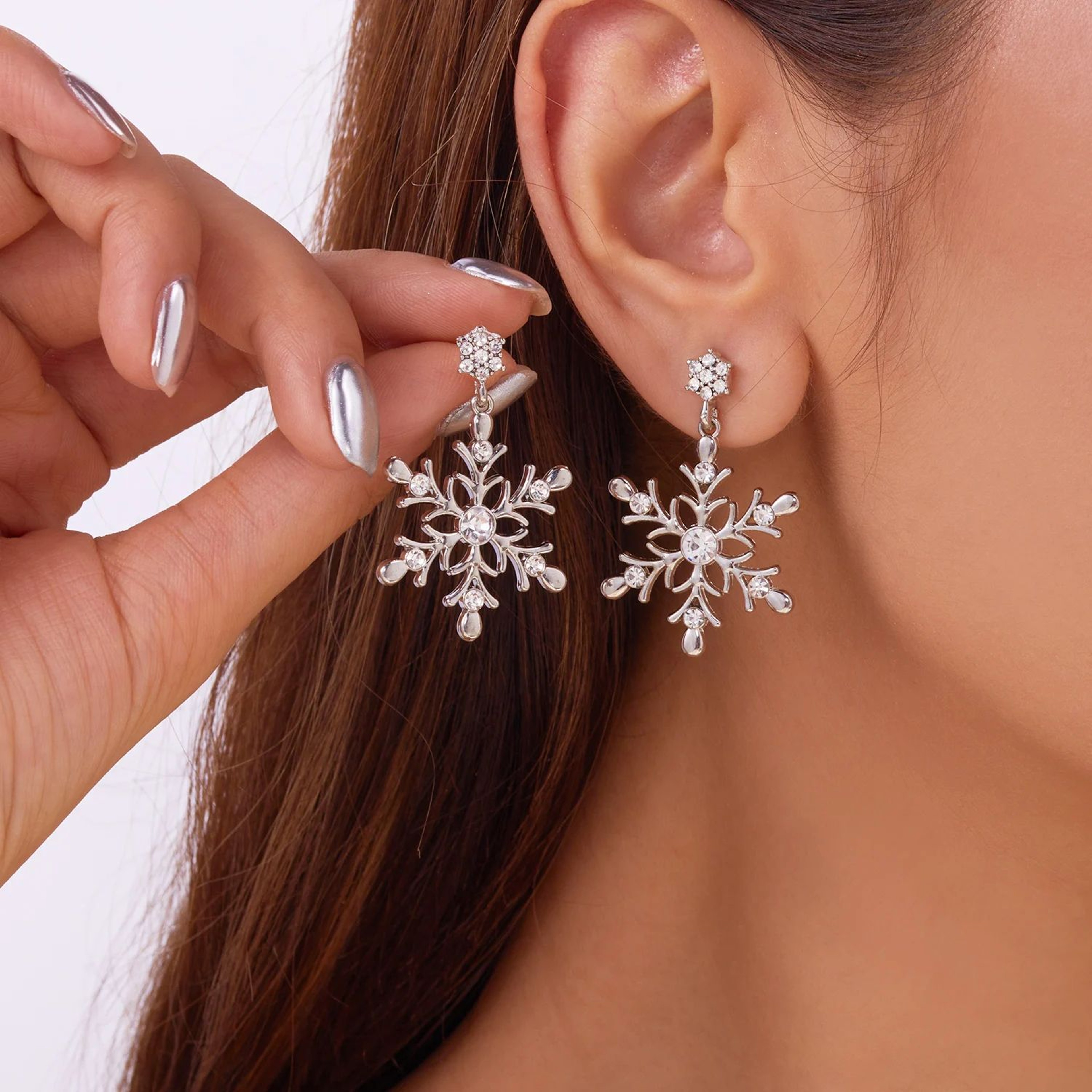 Christmas Snowflake Stud Earrings With Crystal Zircon And Pearl Dangle 9