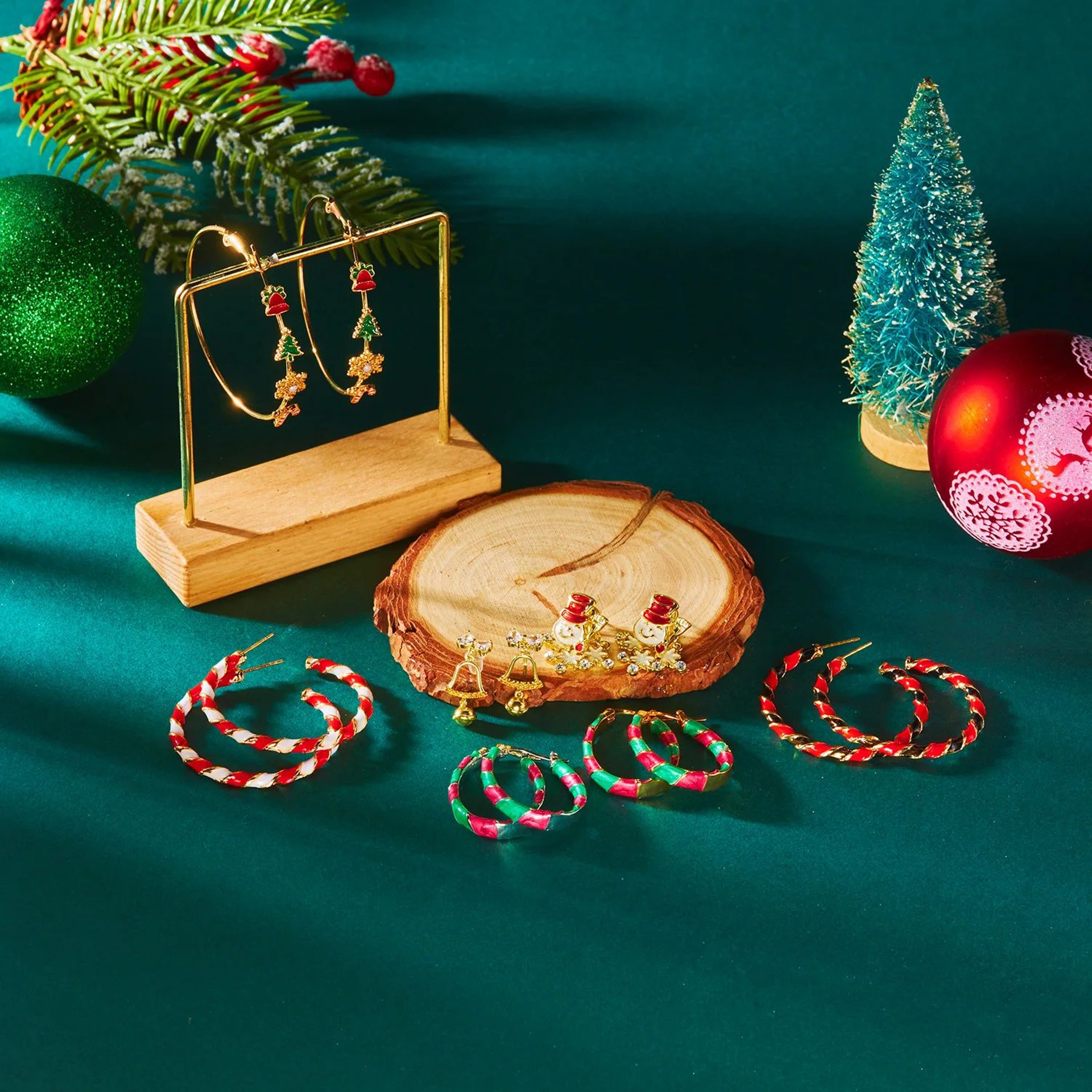 Christmas Enamel Hoop Earrings With Tree Snowflake And Candy Cane Charms 3