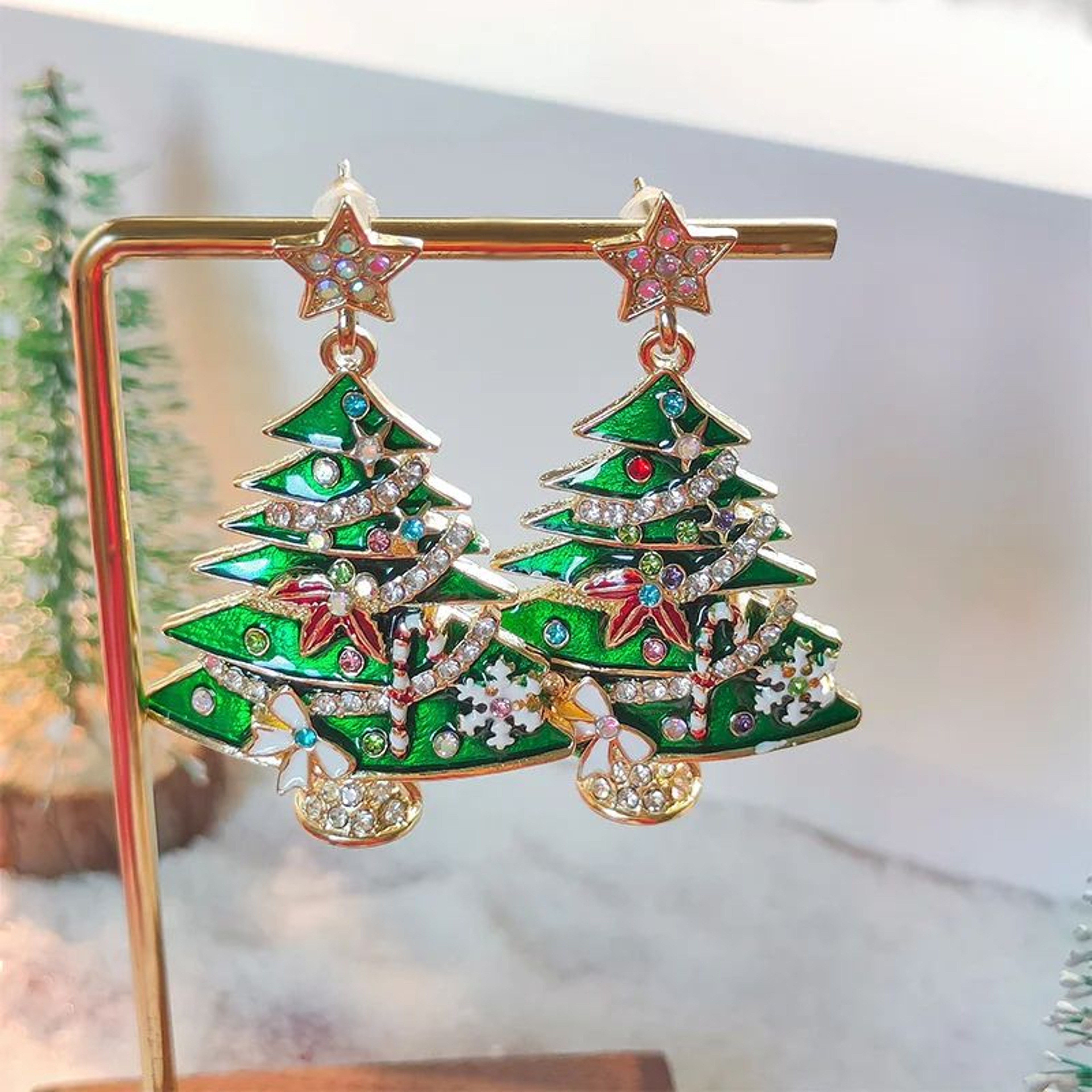 Green Christmas Tree Zircon Crystal Star Dangle Earrings 4