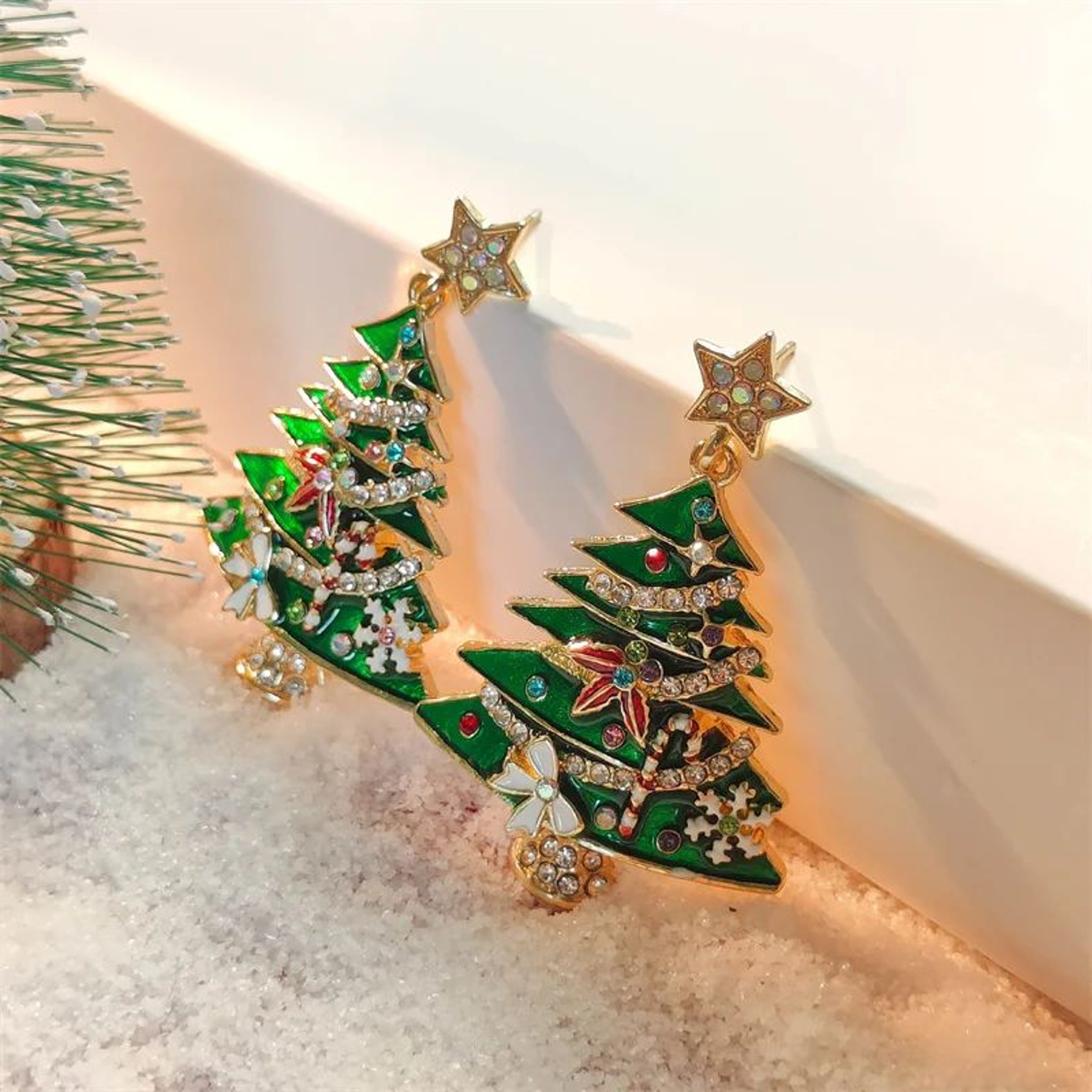 Green Christmas Tree Zircon Crystal Star Dangle Earrings 5