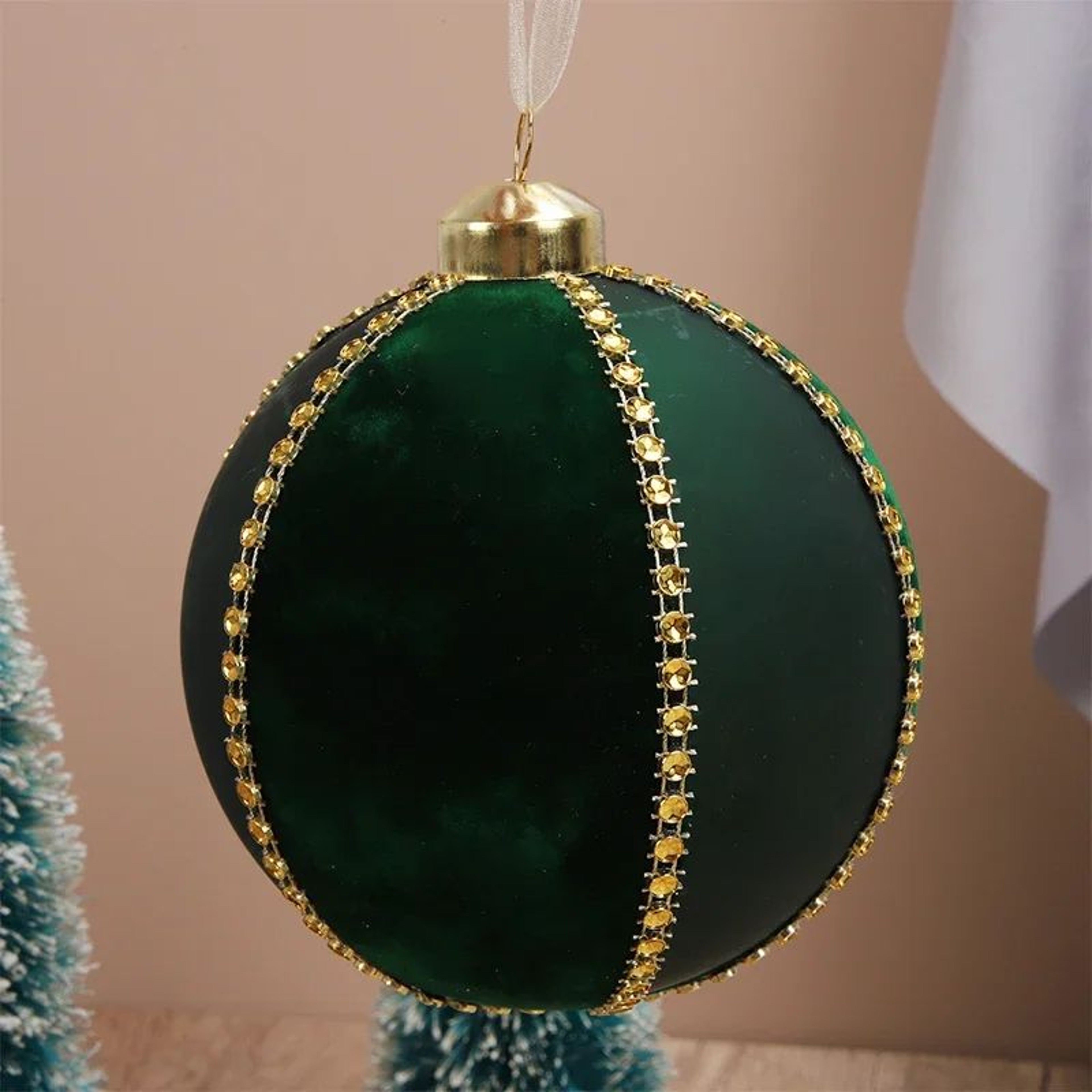 8cm Flocked Glass Christmas Ball Ornament With Rhinestone Accents 4