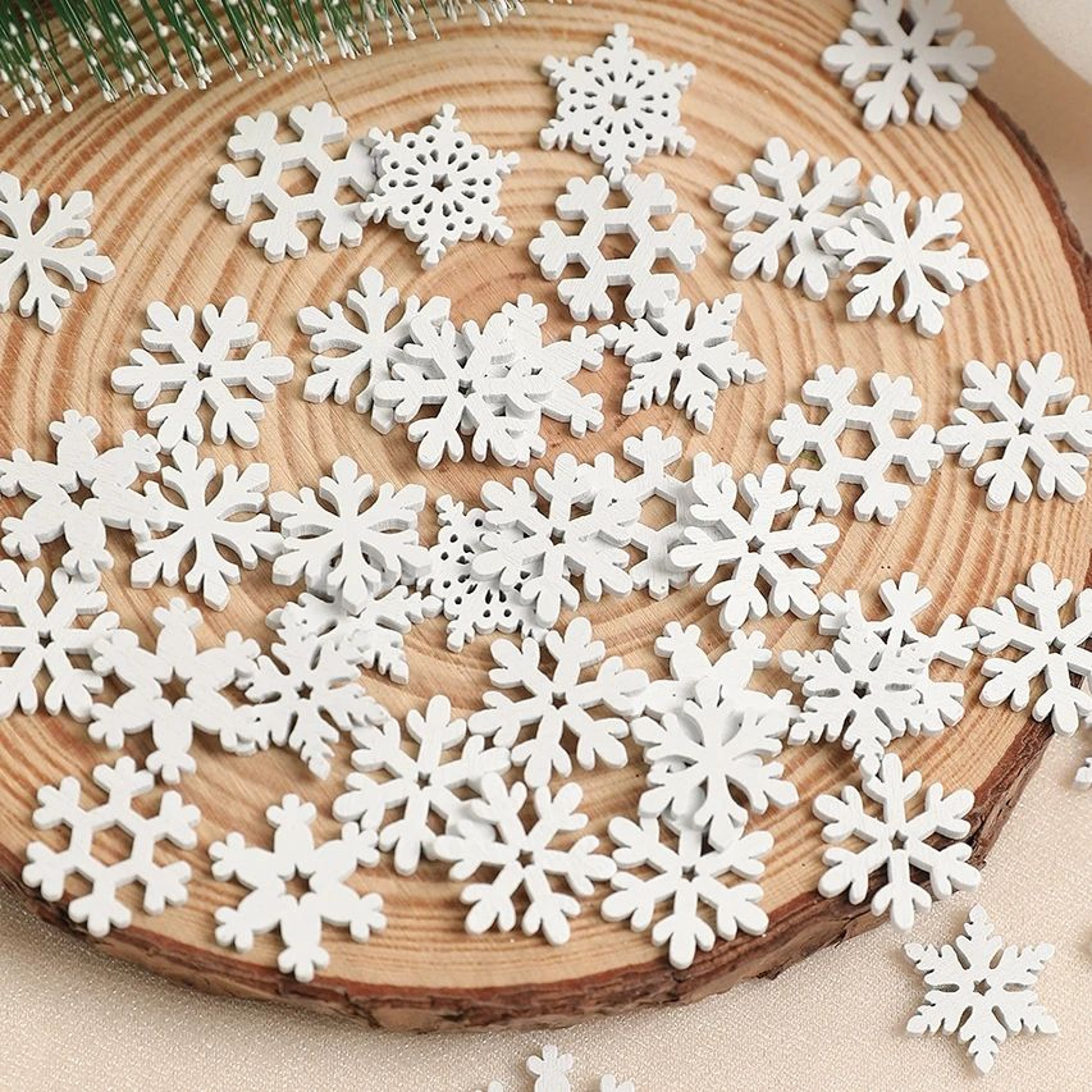 50PCS White Wooden Snowflake Christmas Ornaments For Tree Decor And DIY Crafts 5