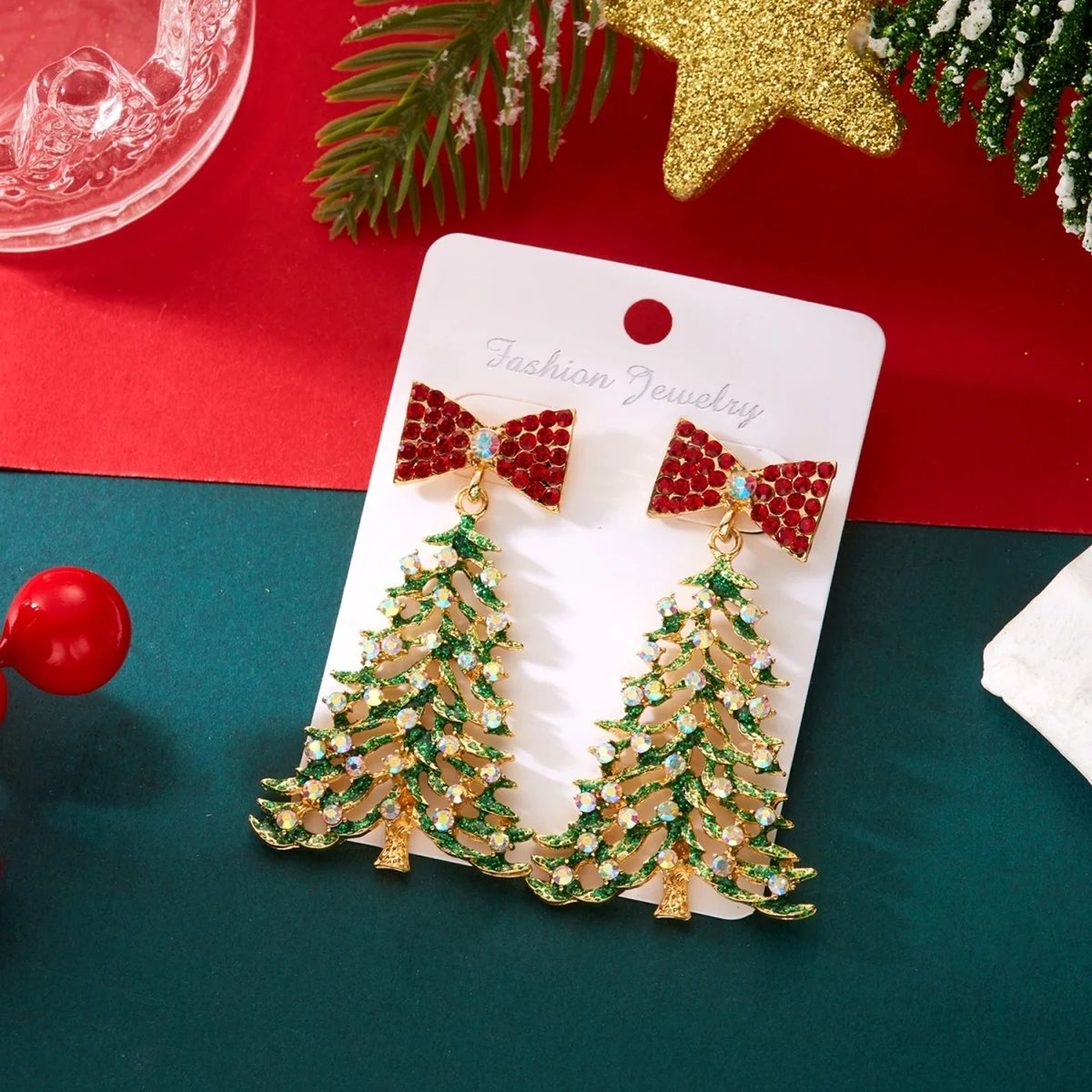 Christmas Rhinestone Bow Tree Dangle Earrings  Sparkling Holiday Jewelry 5