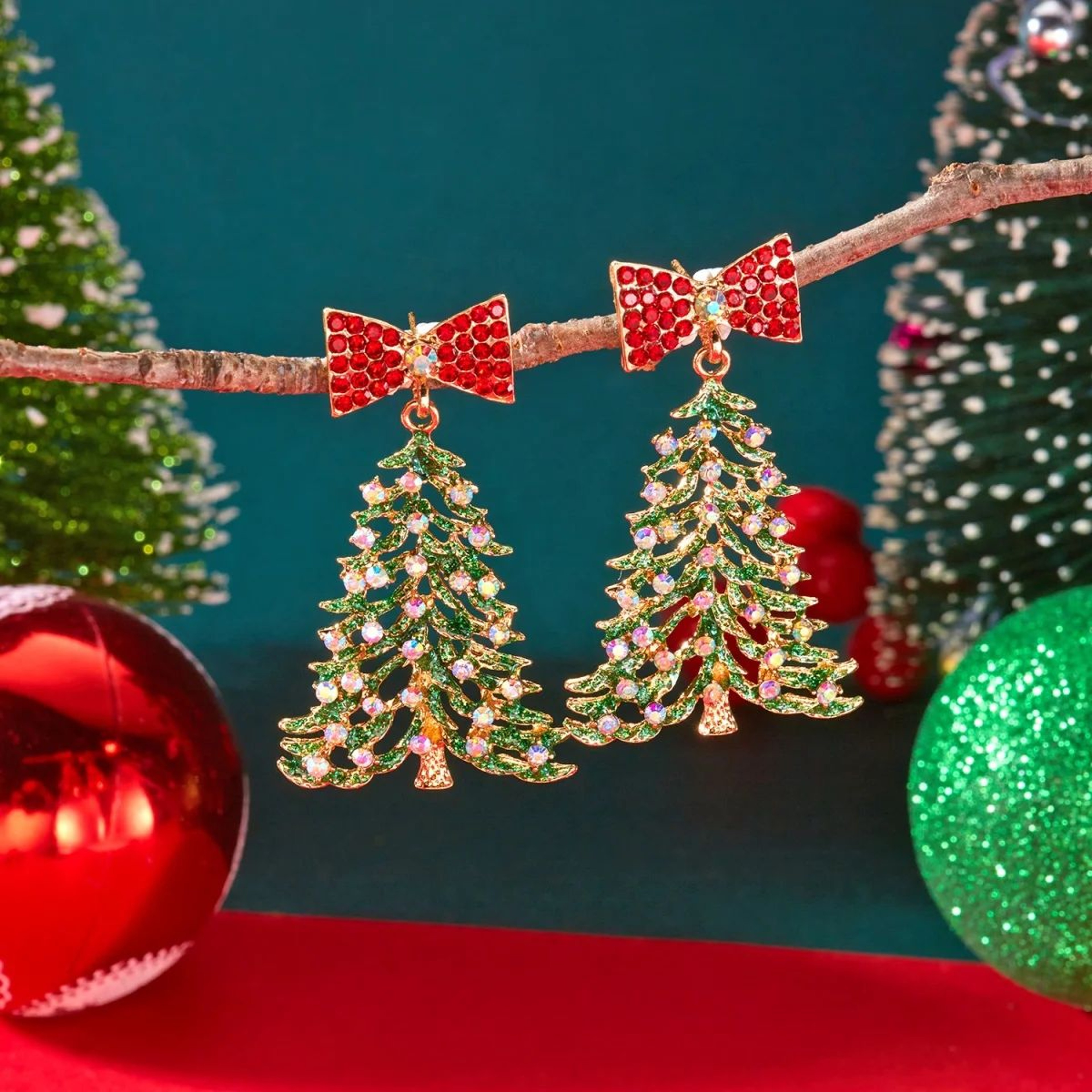 Christmas Rhinestone Bow Tree Dangle Earrings  Sparkling Holiday Jewelry 4