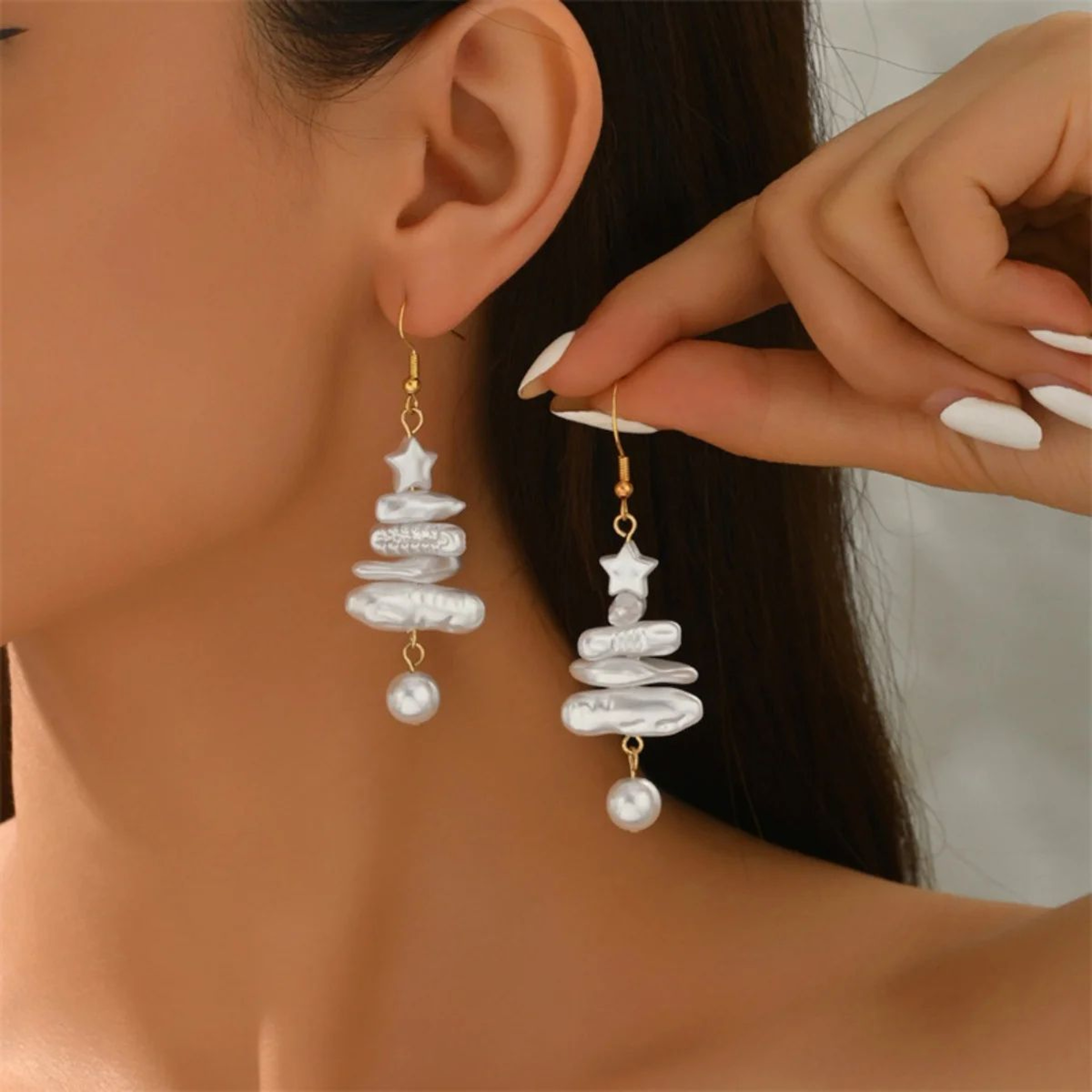 Baroque Pearl Christmas Tree Drop Earrings With Stacked Star Design 4
