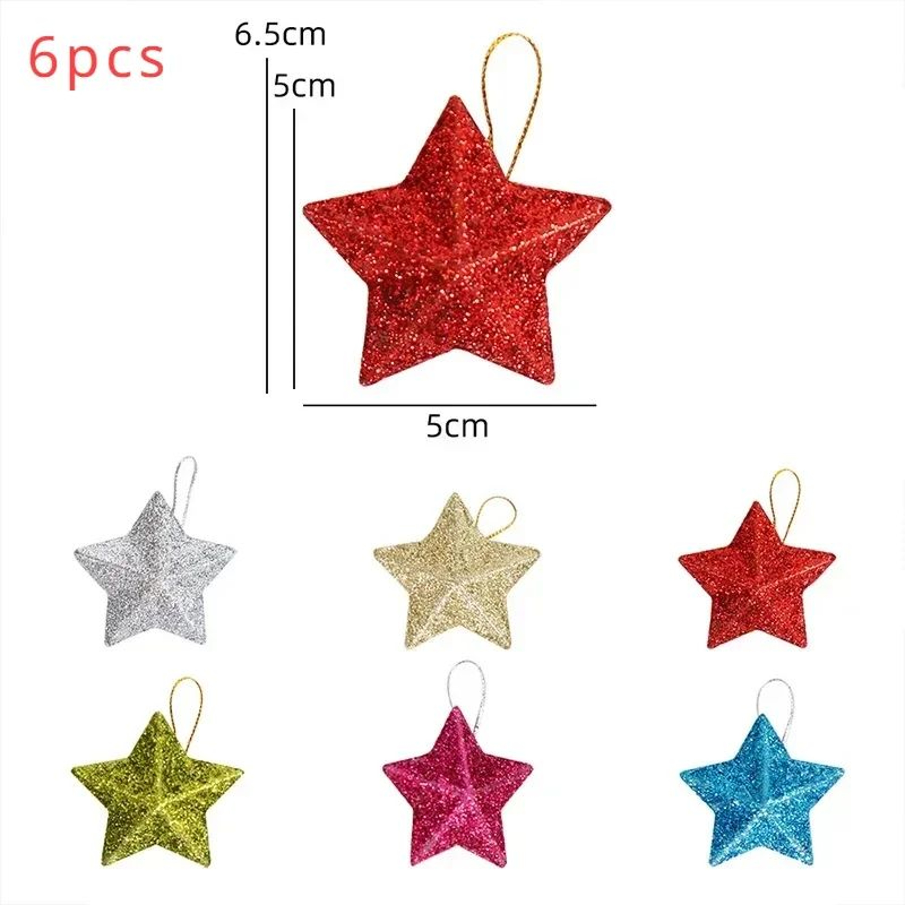 6PCS Gold Glitter Star Christmas Ornaments Mini Hanging Tree Decorations 8