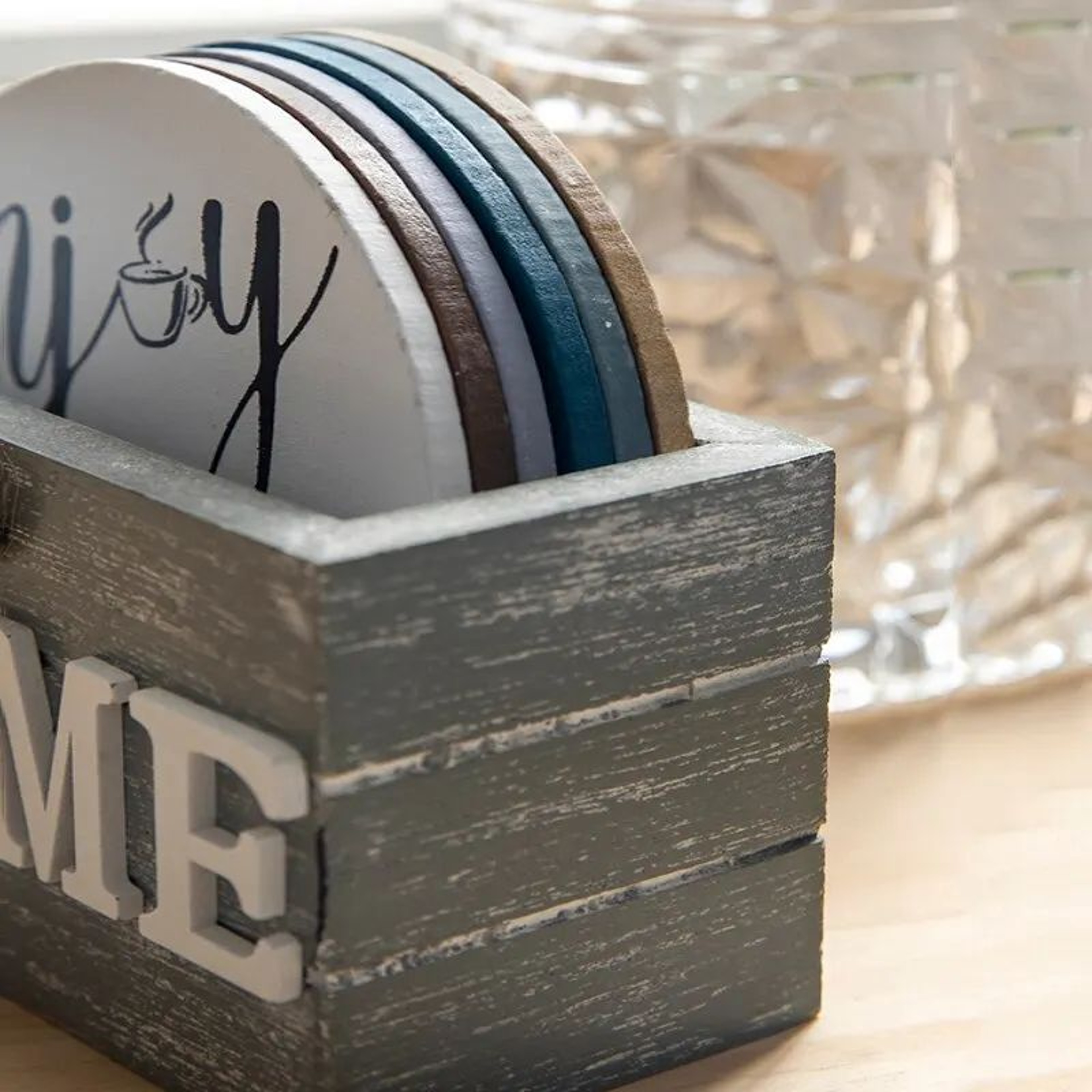Home Love Wooden Coaster Set With Holder  Heat Resistant Drink Coasters 1