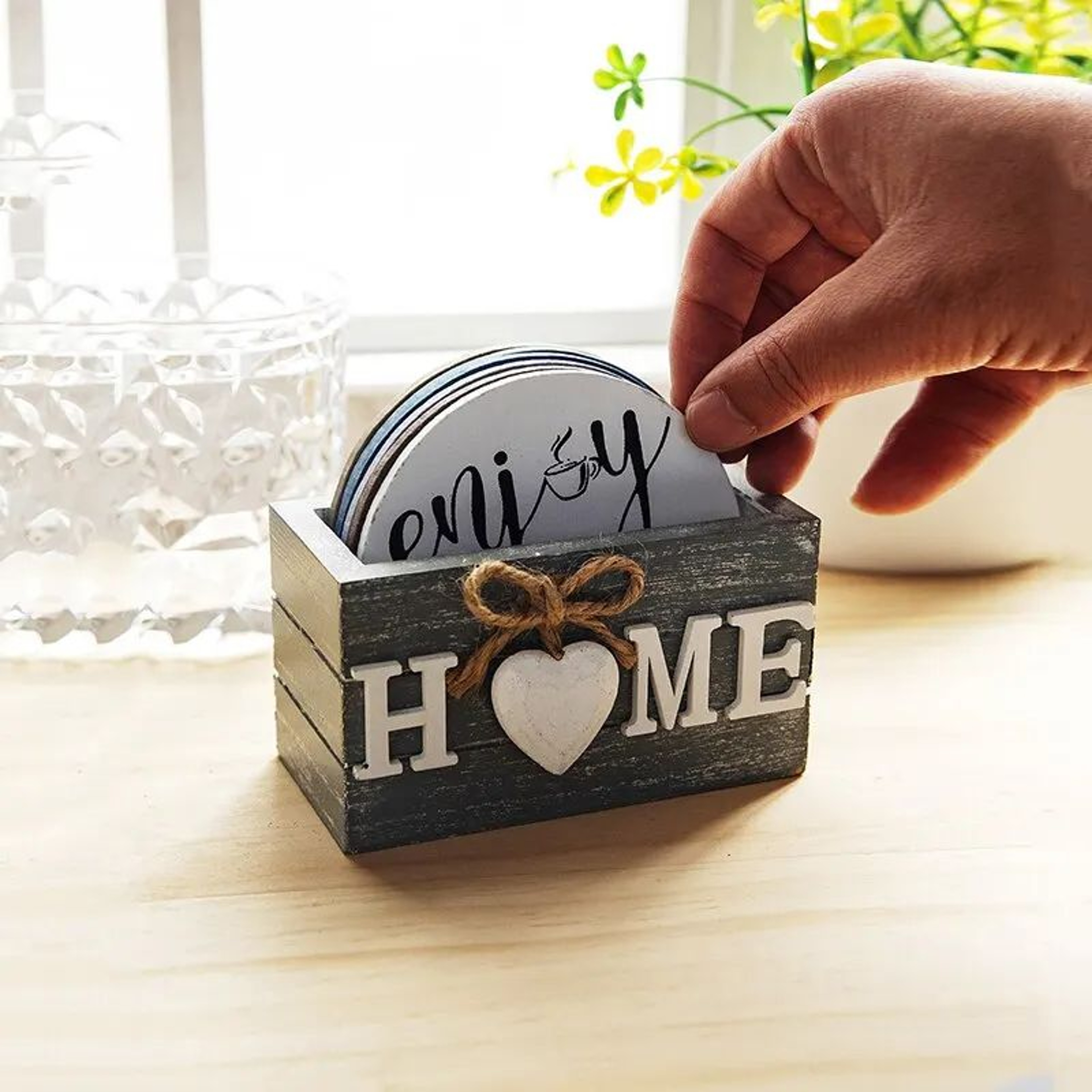Home Love Wooden Coaster Set With Holder  Heat Resistant Drink Coasters 2