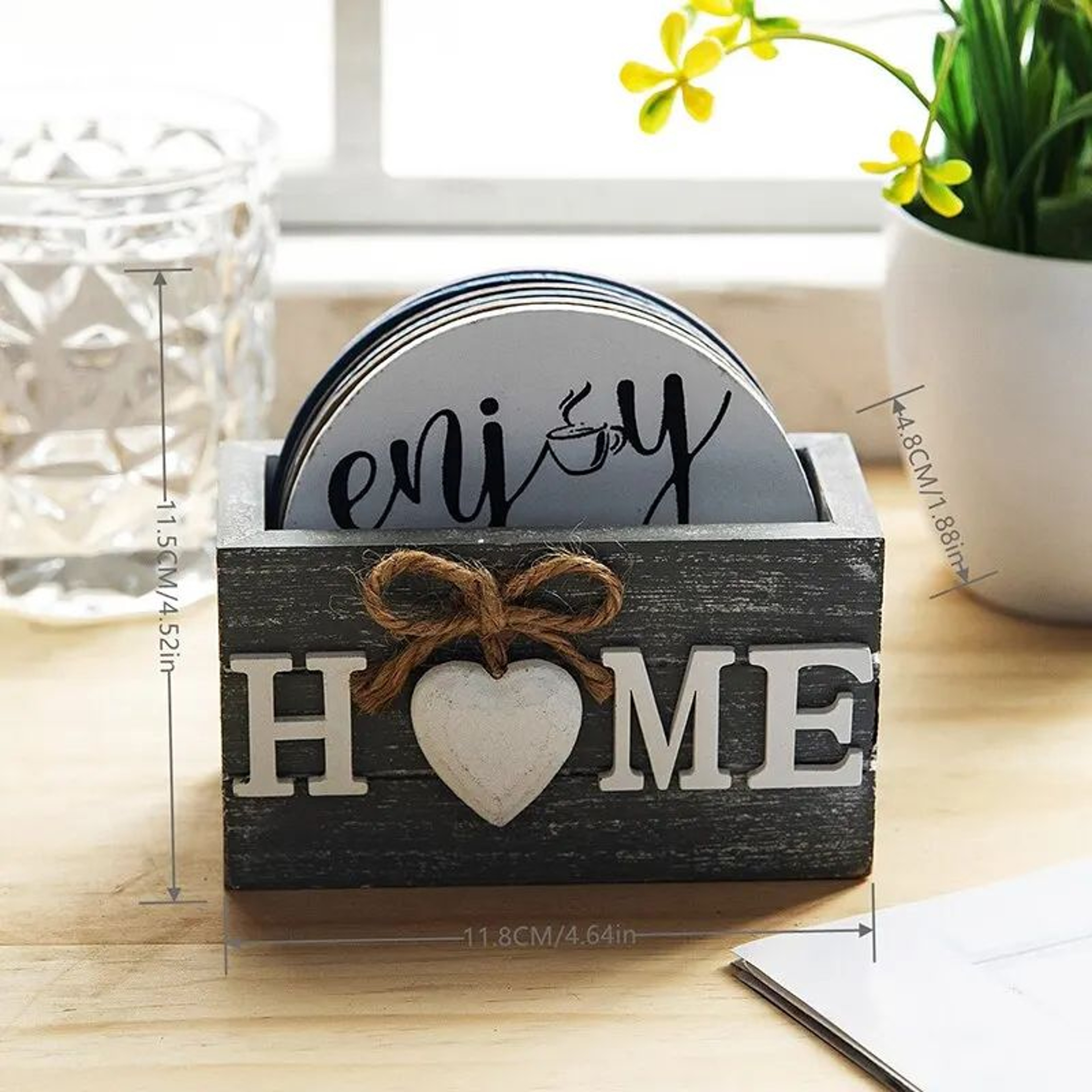 Home Love Wooden Coaster Set With Holder  Heat Resistant Drink Coasters 3