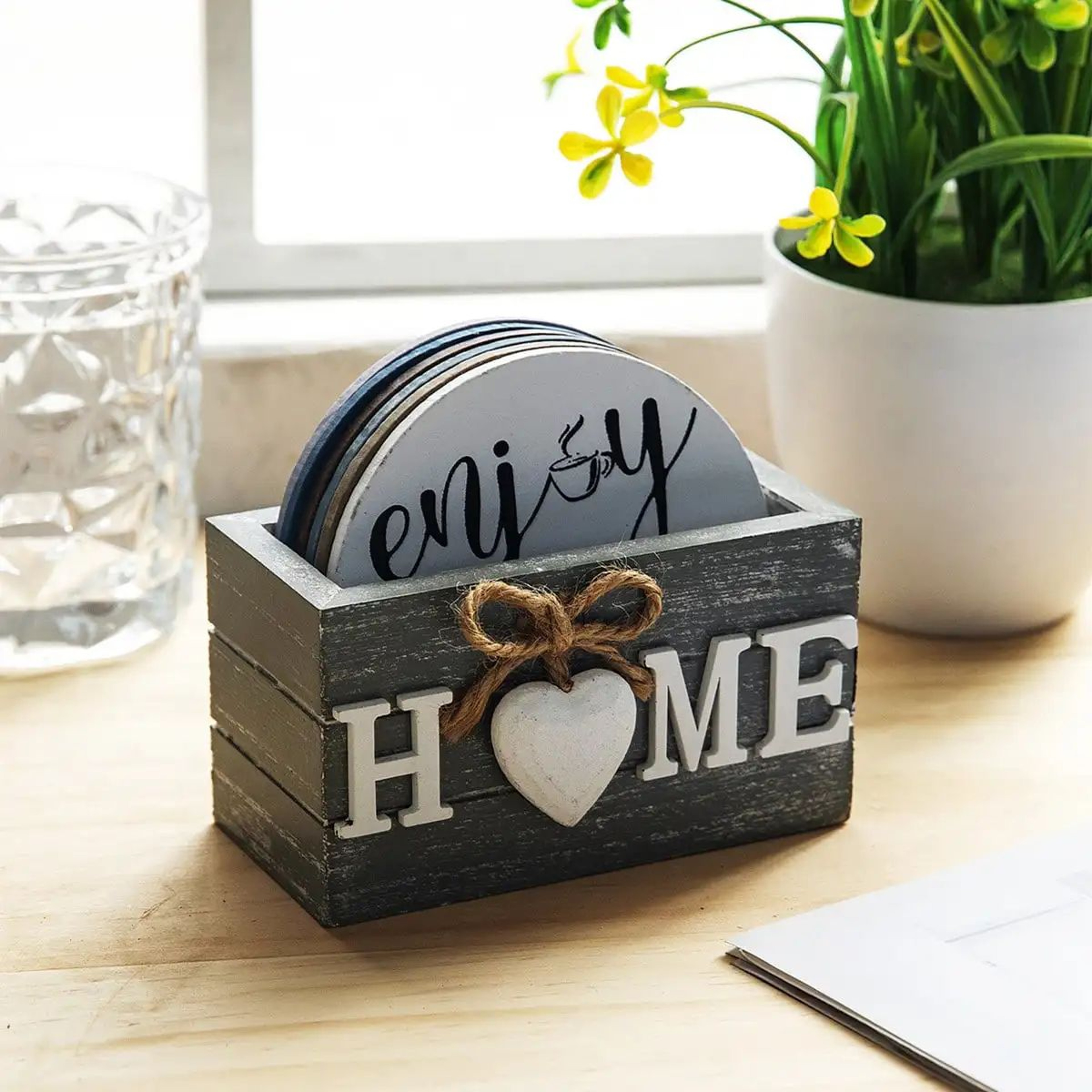 Home Love Wooden Coaster Set With Holder  Heat Resistant Drink Coasters 0