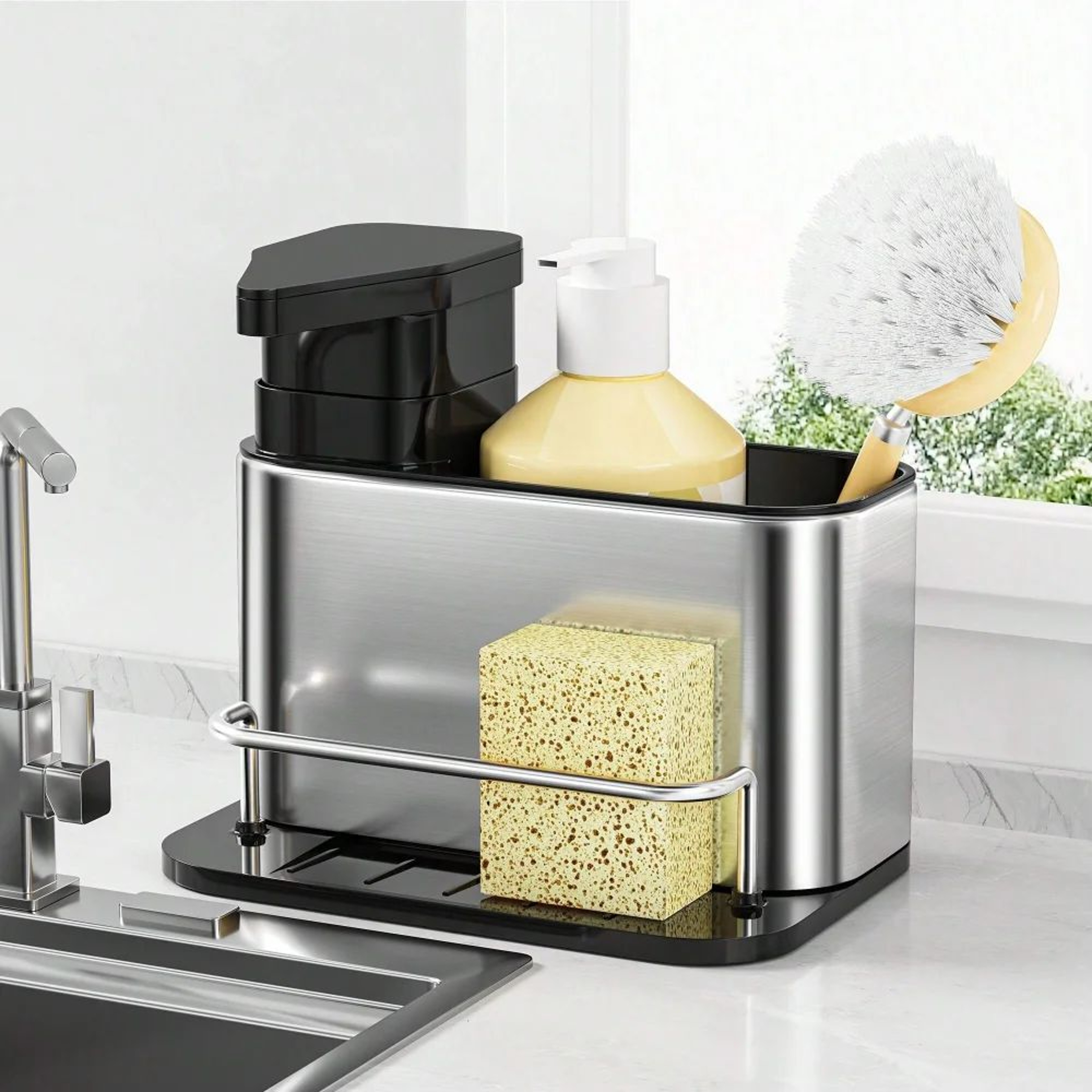 3in1 Stainless Steel Kitchen Sink Organizer With Soap Dispenser And Sponge Holder 0
