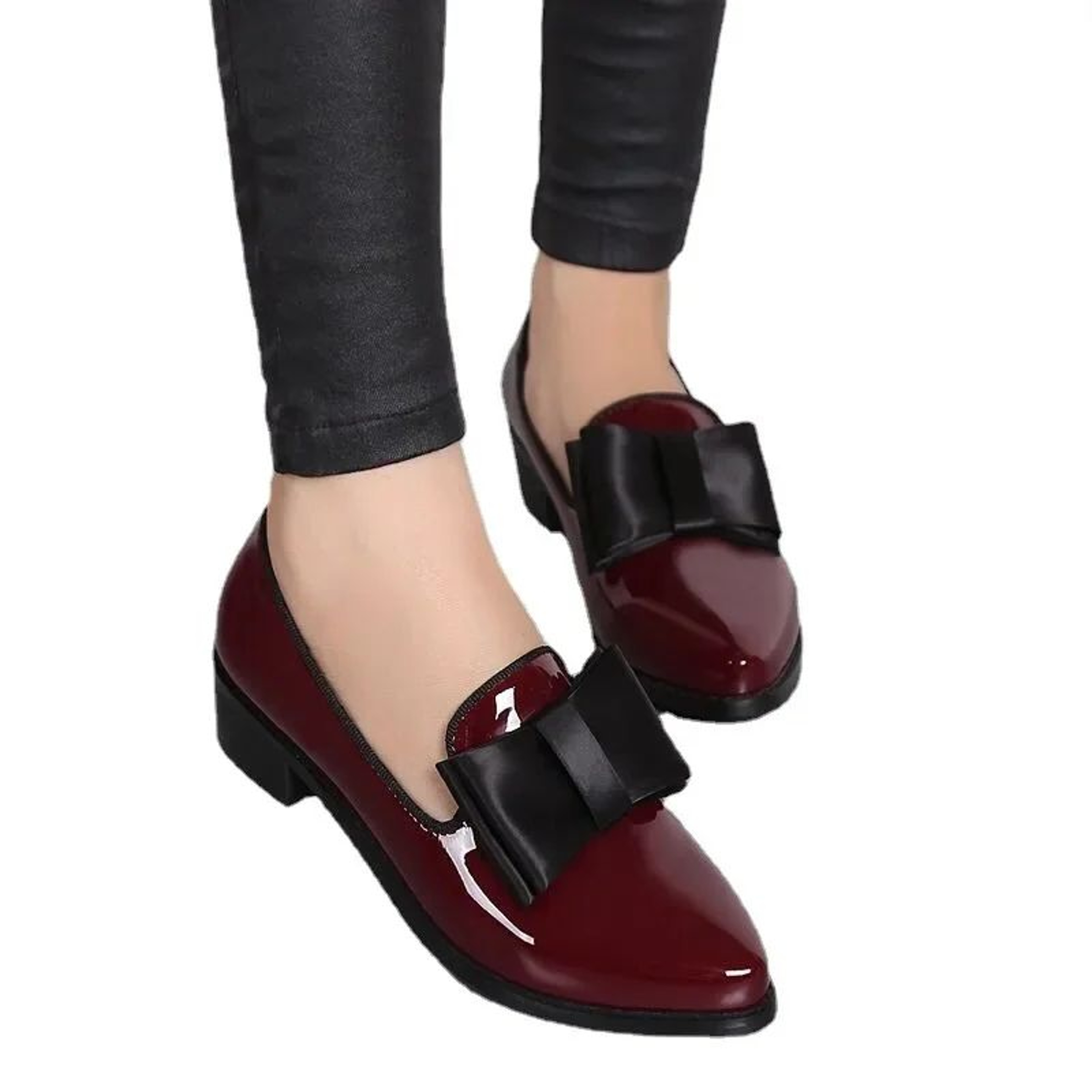 Womens Bow Pointed Toe Patent Leather Loafers 1
