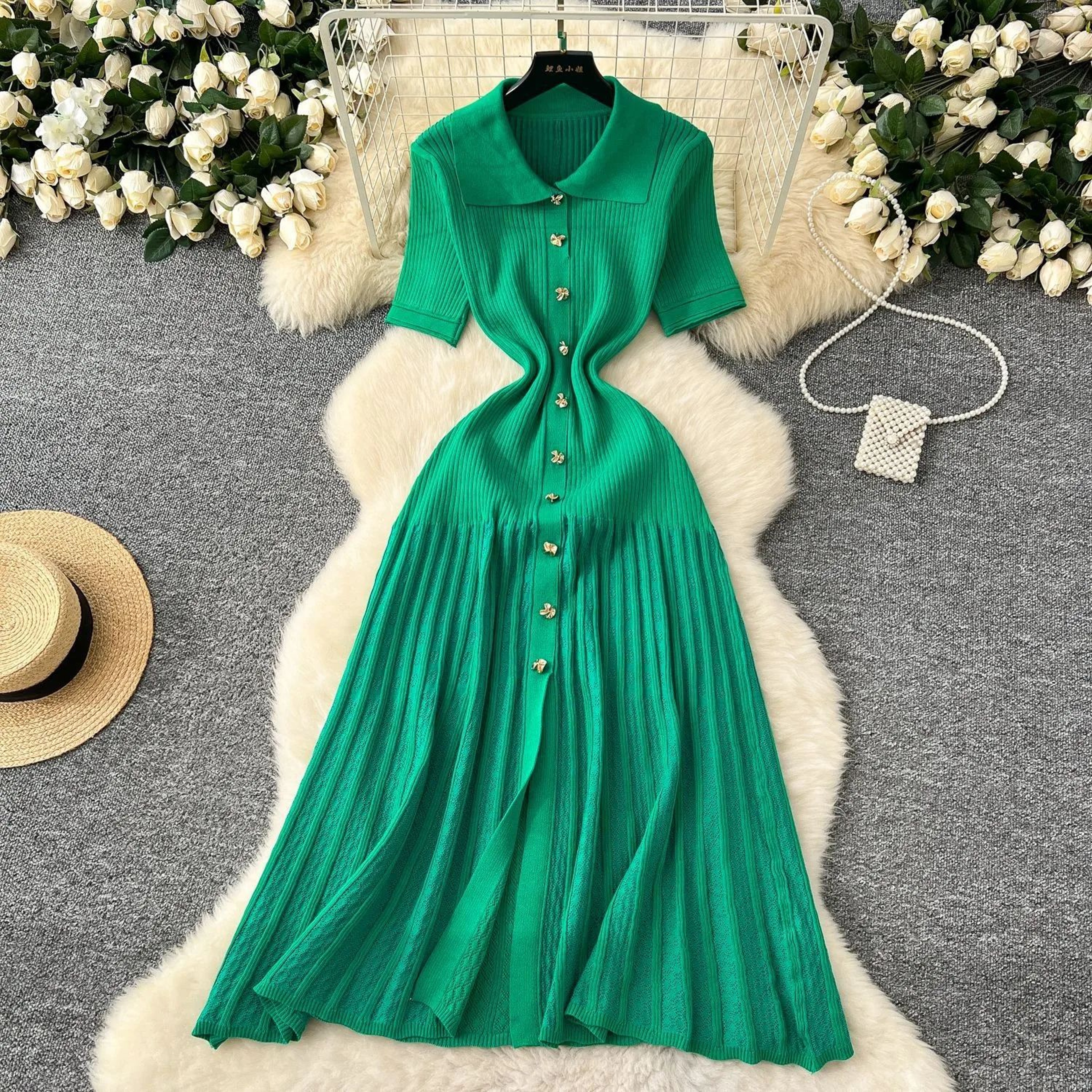 Elegant Patchwork Knitted Maxi Dress With TurnDown Collar 4