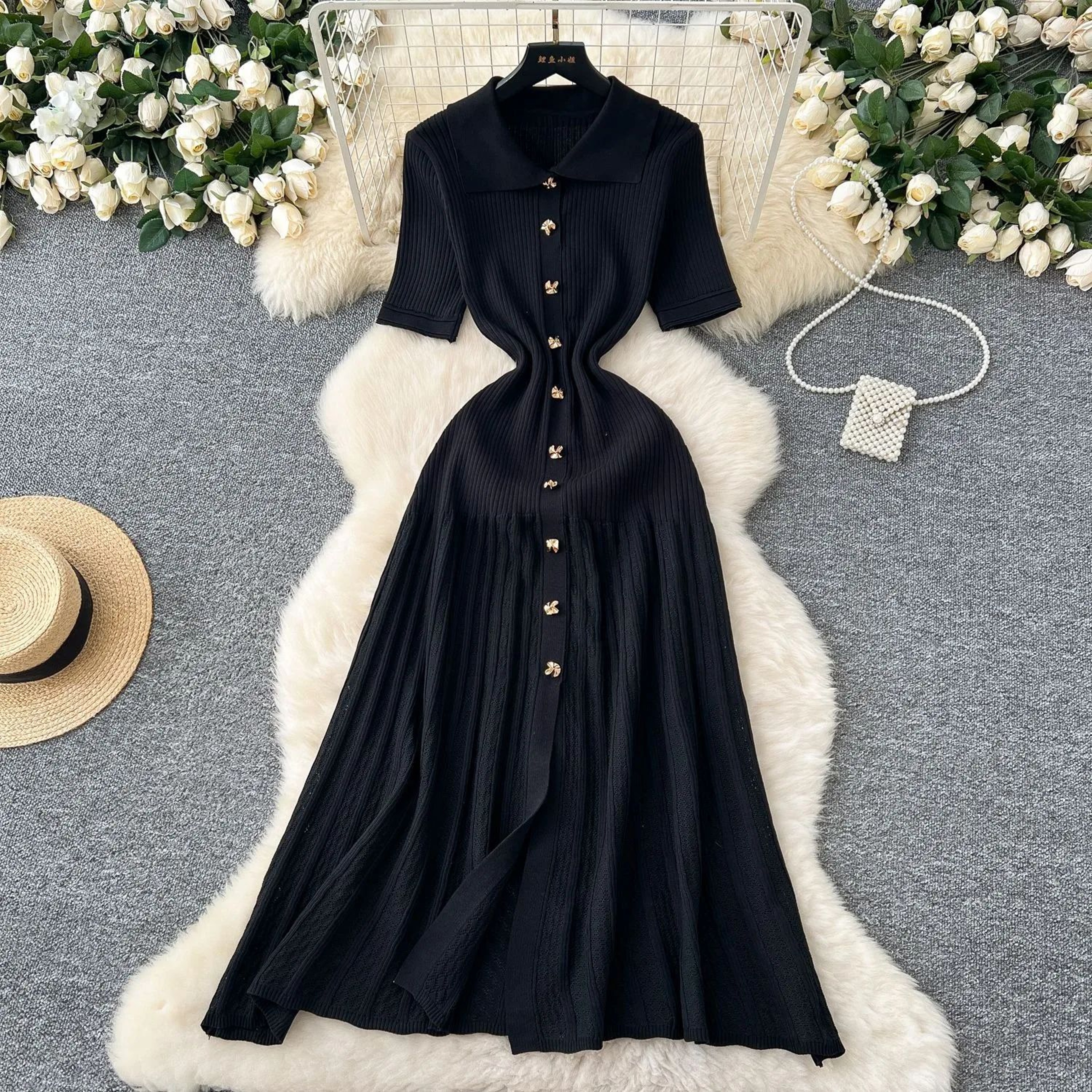 Elegant Patchwork Knitted Maxi Dress With TurnDown Collar 5