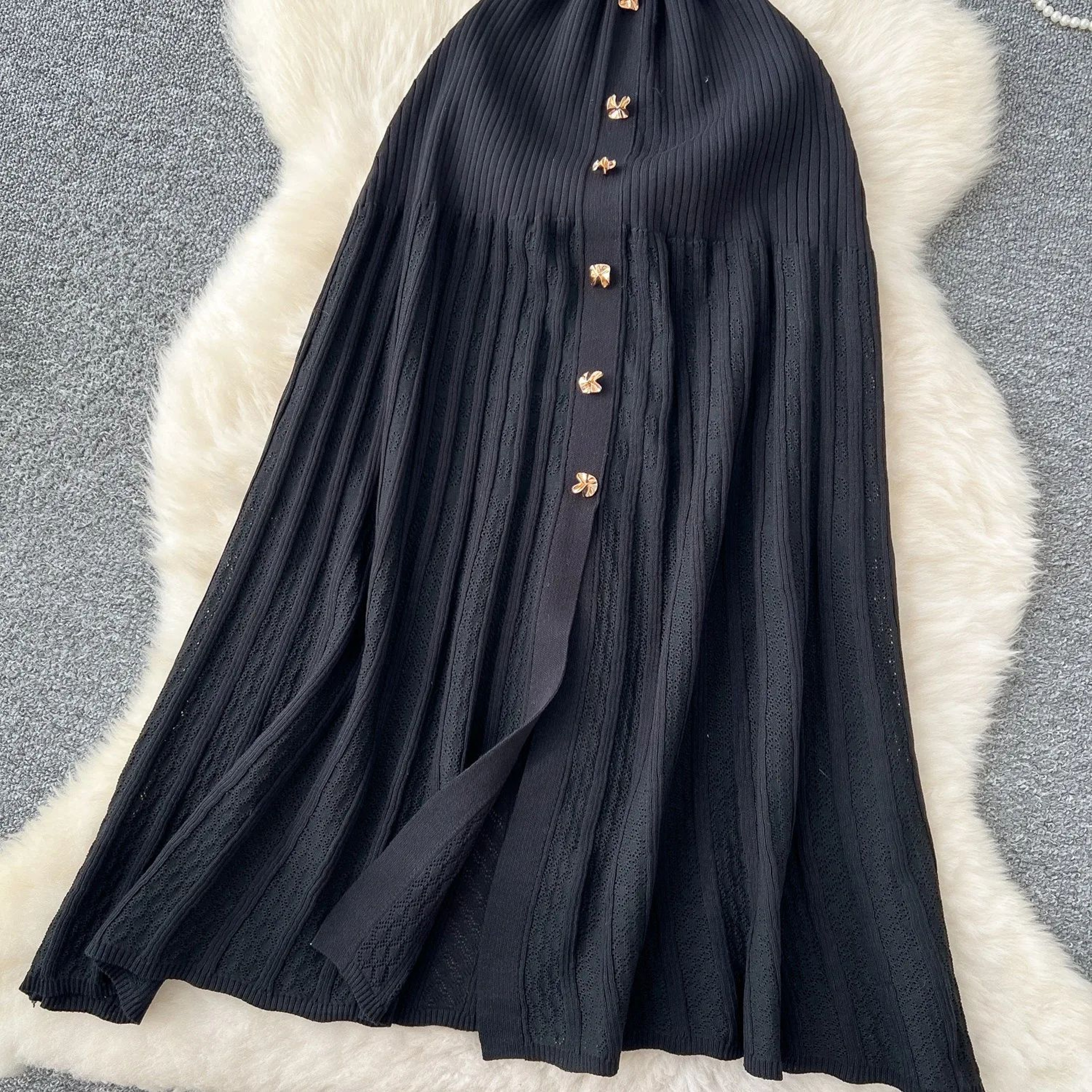 Elegant Patchwork Knitted Maxi Dress With TurnDown Collar 2