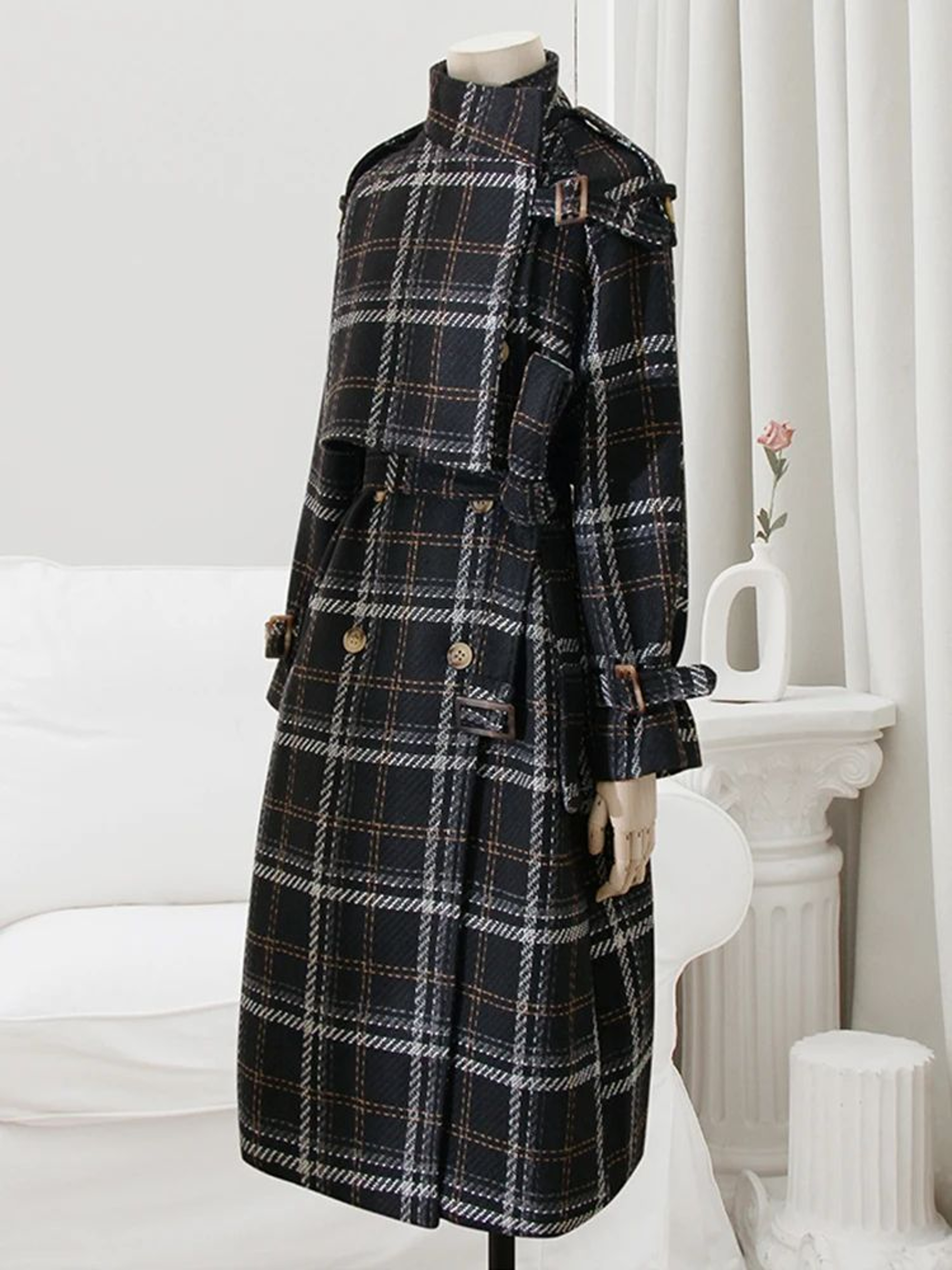 Womens Long Plaid Wool Blend Trench Coat With Belt And Double Breasted Design 4