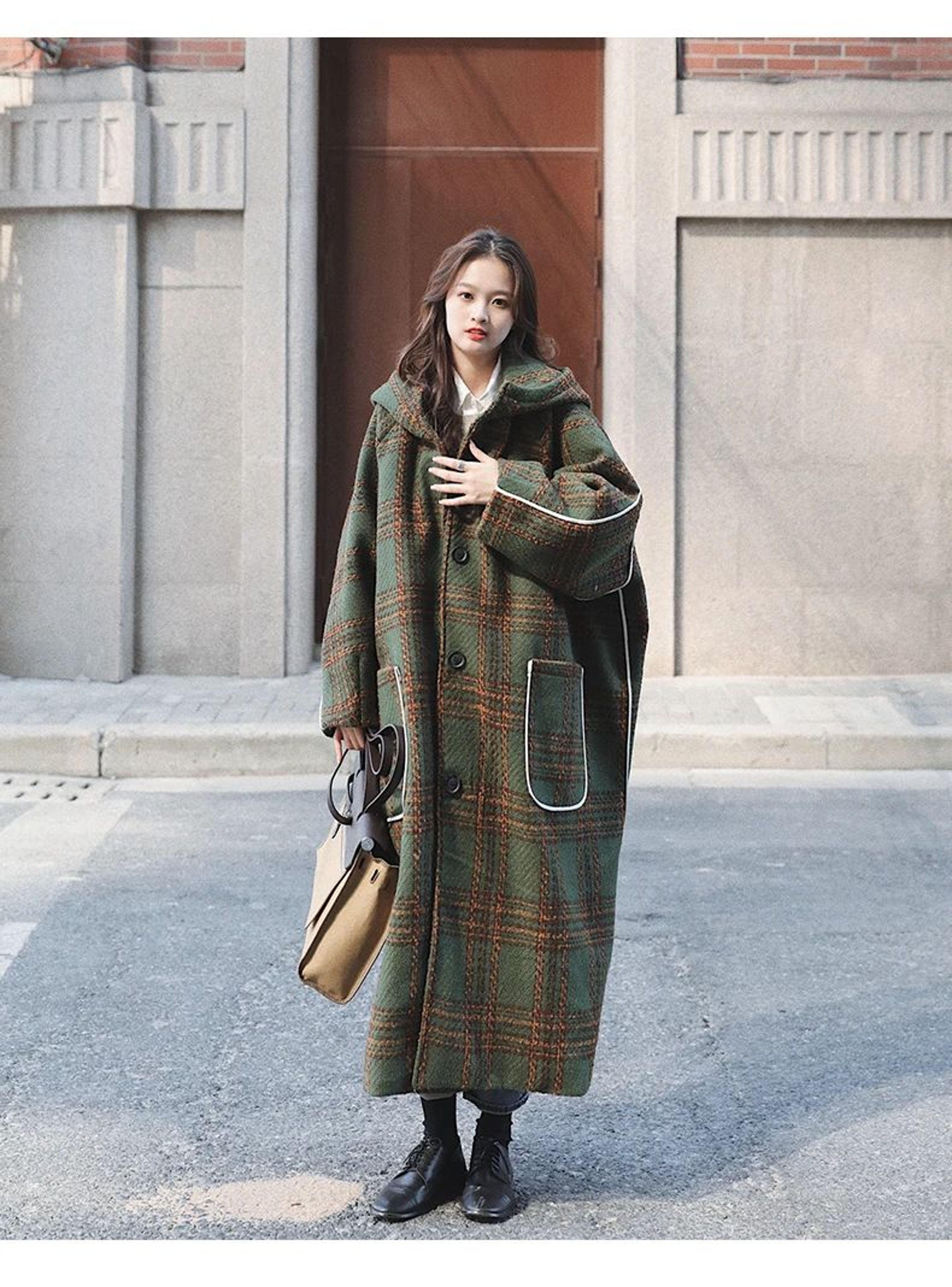 Womens Oversized Hooded Wool Blend Plaid Patchwork Long Winter Coat 8