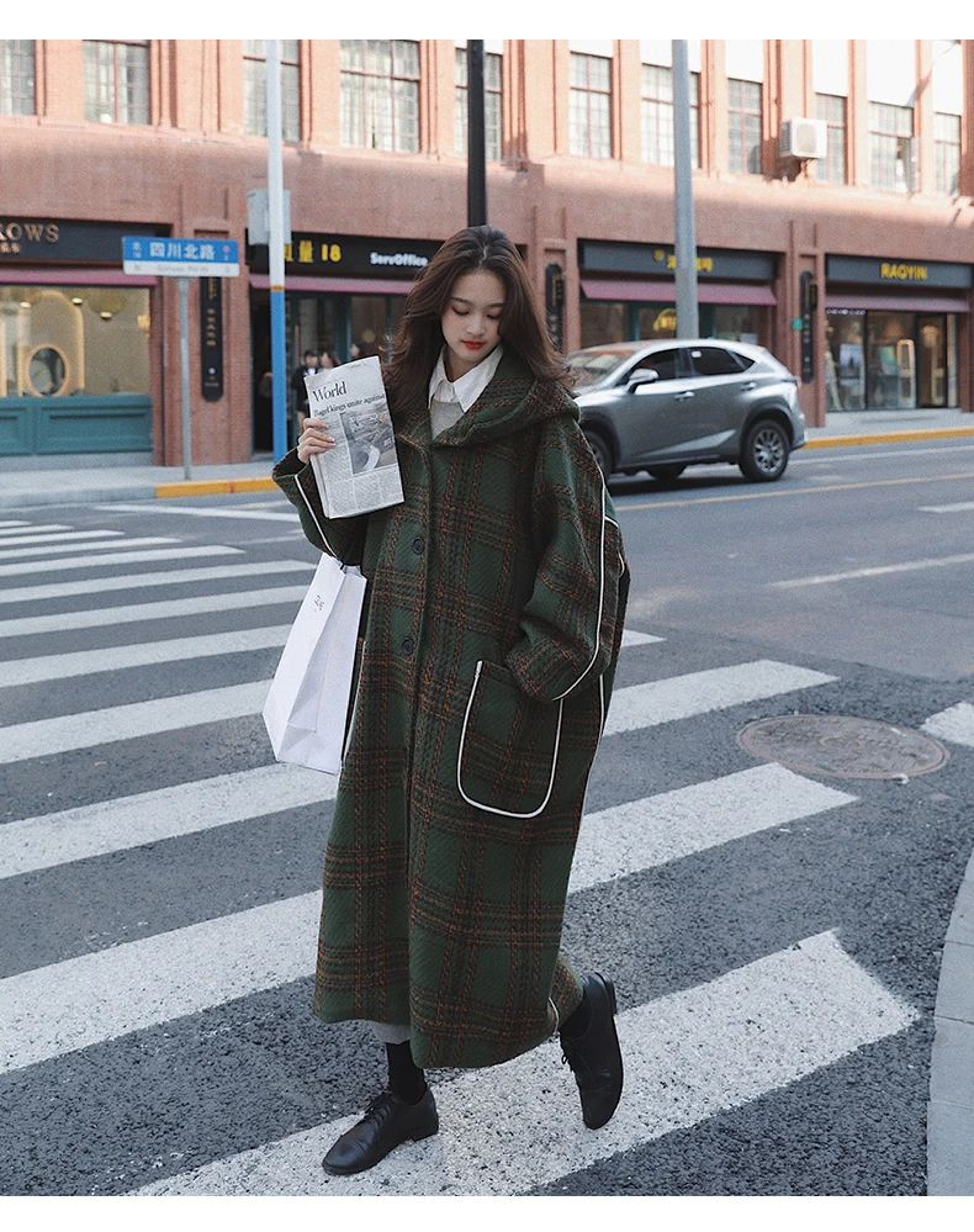 Womens Oversized Hooded Wool Blend Plaid Patchwork Long Winter Coat 16