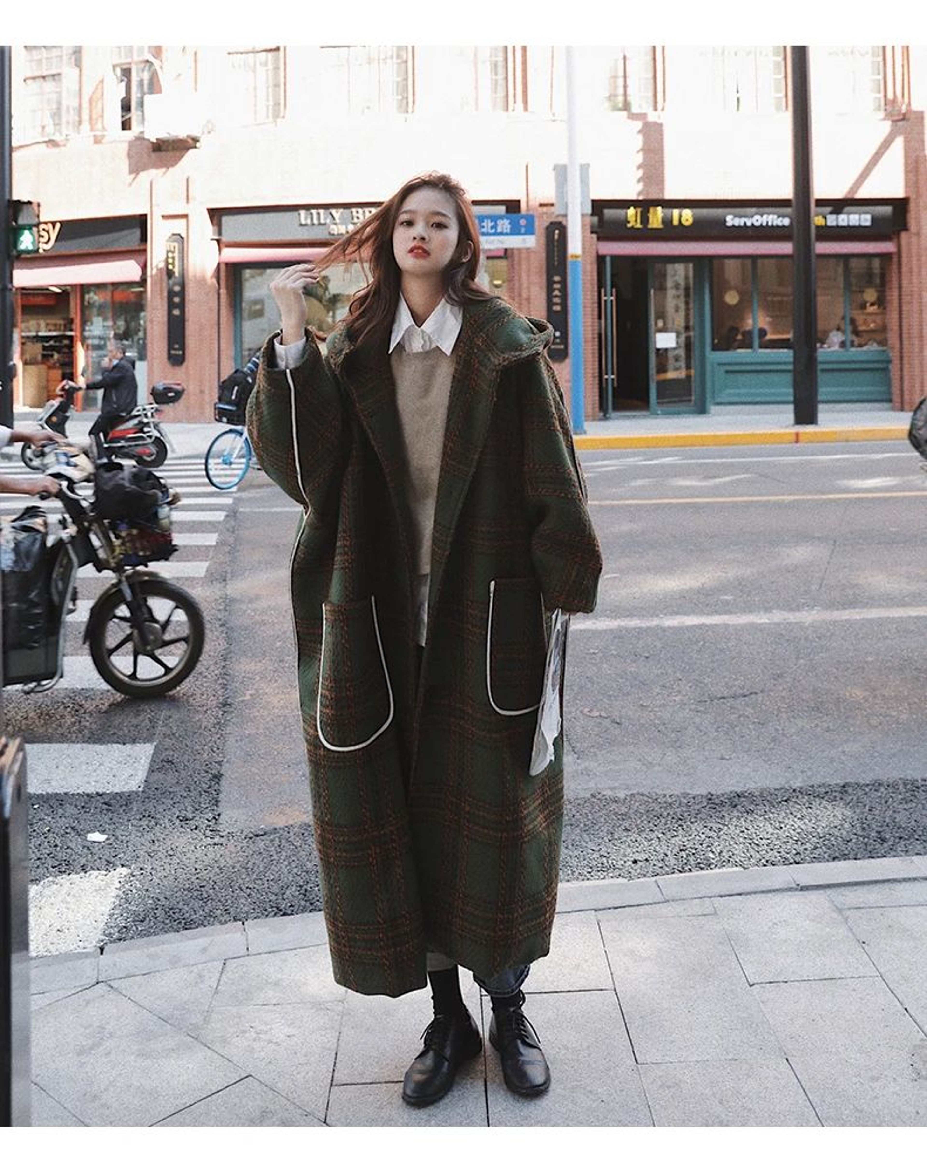 Womens Oversized Hooded Wool Blend Plaid Patchwork Long Winter Coat 13