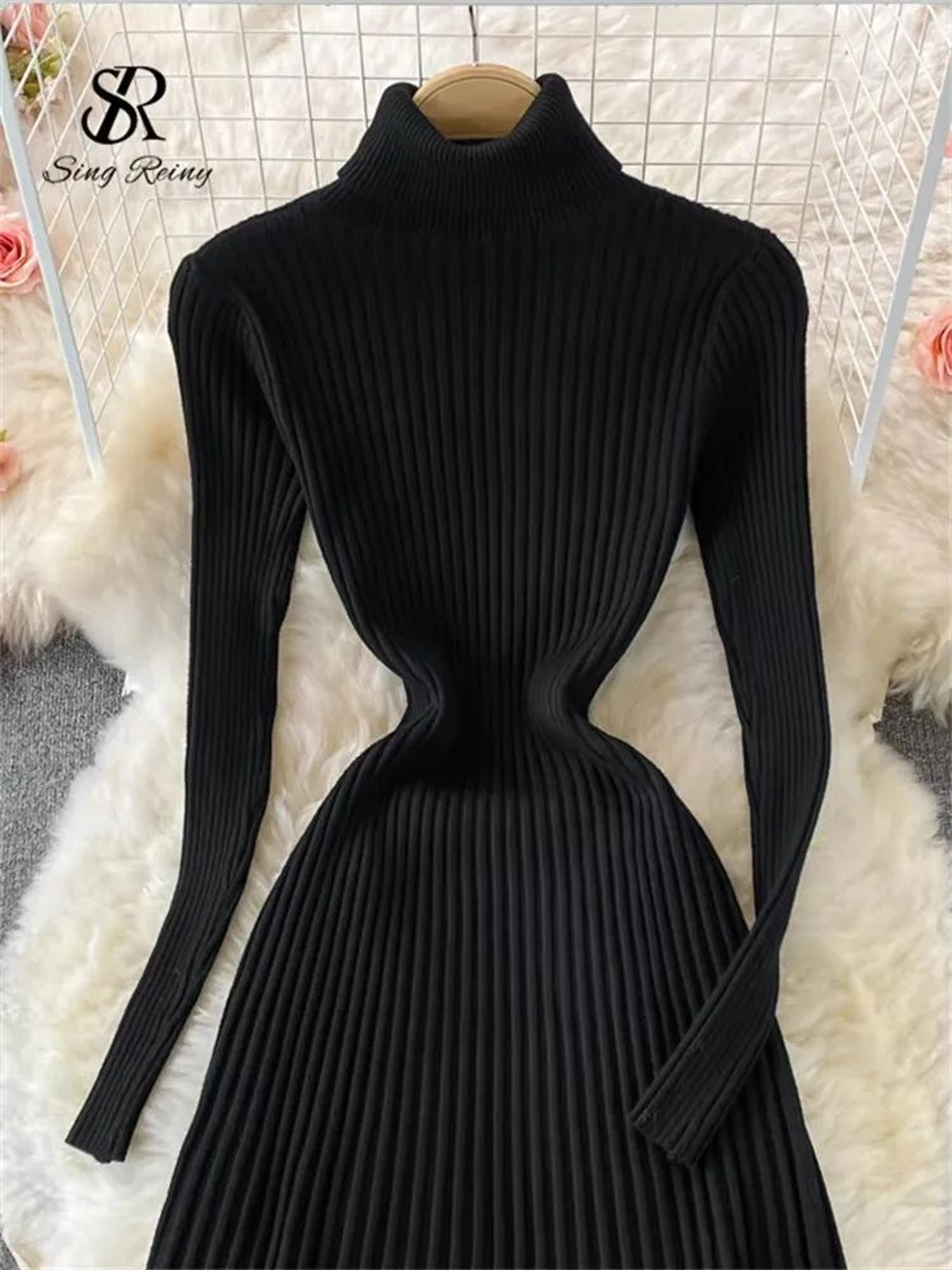 Womens Pleated Turtleneck Bodycon Sweater Dress  Long Sleeve Slim Fit Knit Dress 2