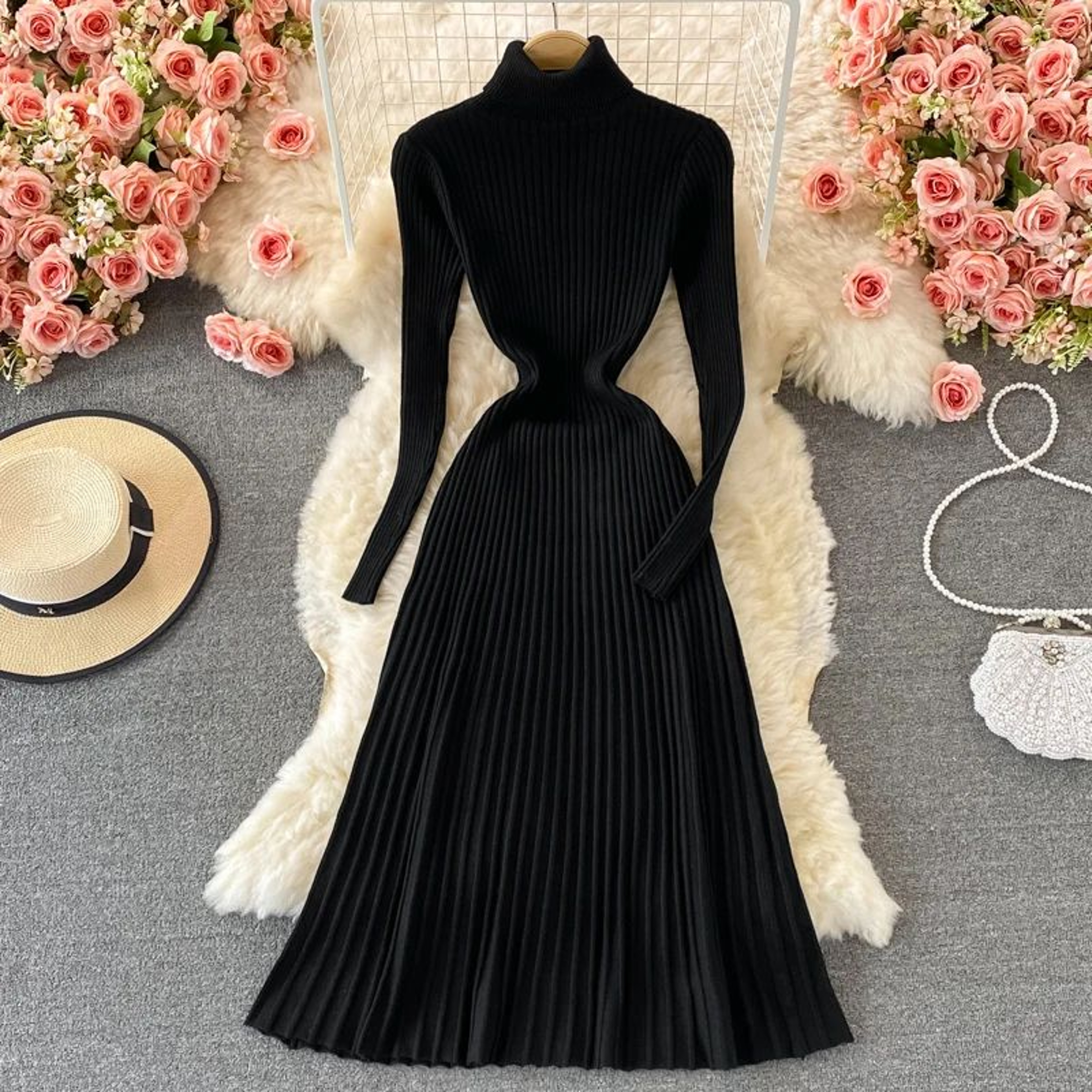 Womens Pleated Turtleneck Bodycon Sweater Dress  Long Sleeve Slim Fit Knit Dress 0