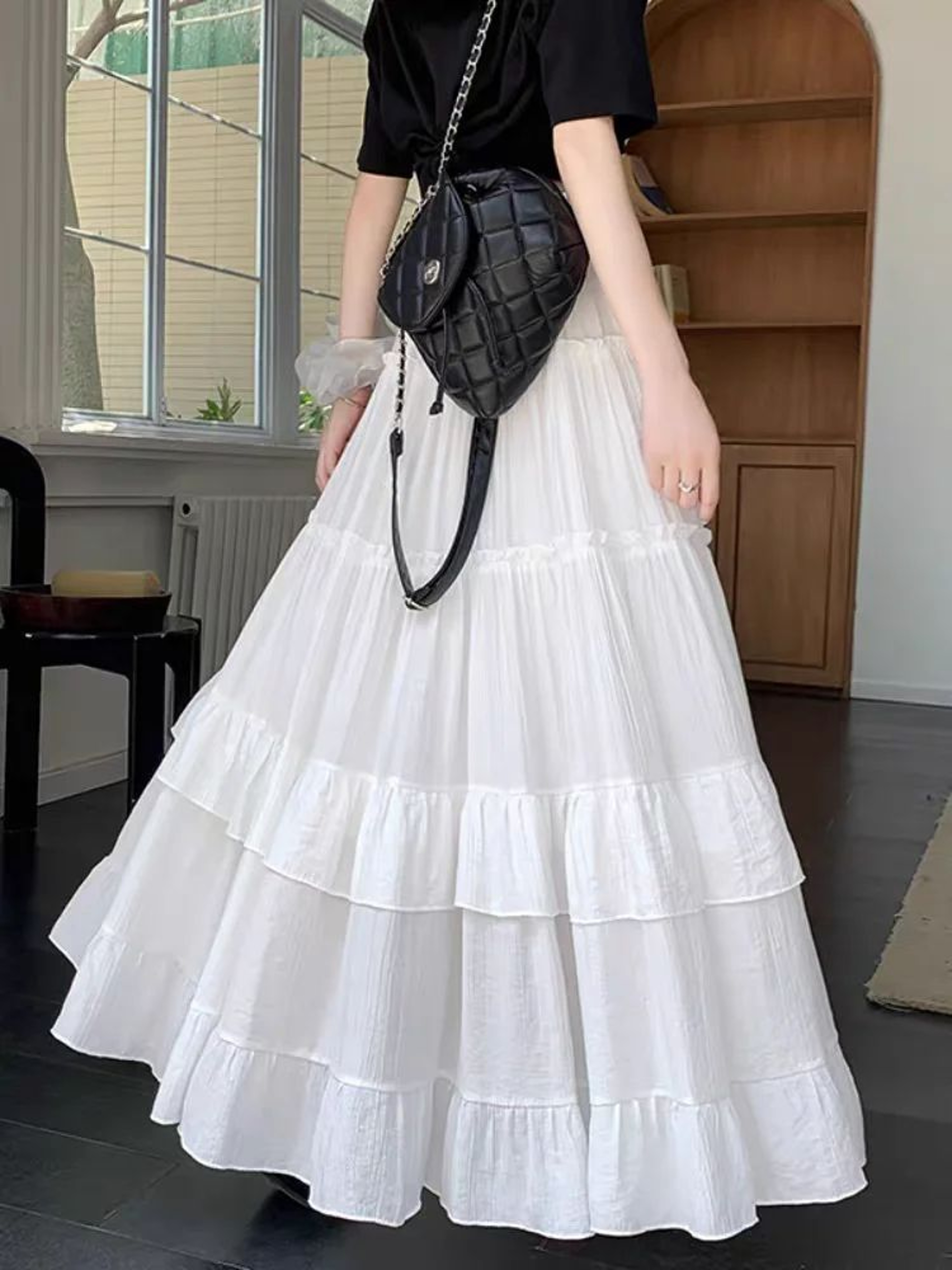 Womes High Waist Tiered Ruffle Chiffon Maxi Skirt 3