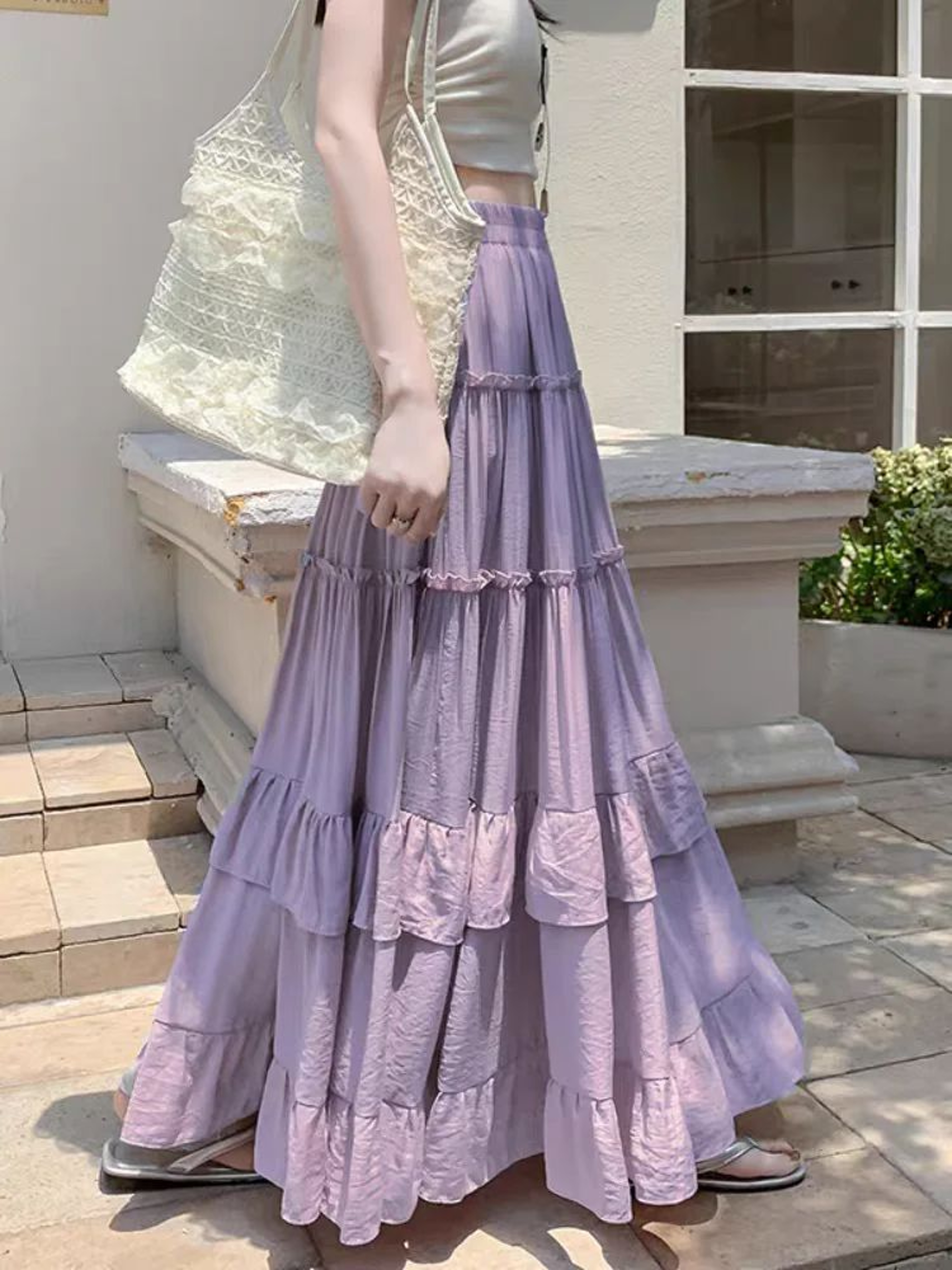 Womes High Waist Tiered Ruffle Chiffon Maxi Skirt 4