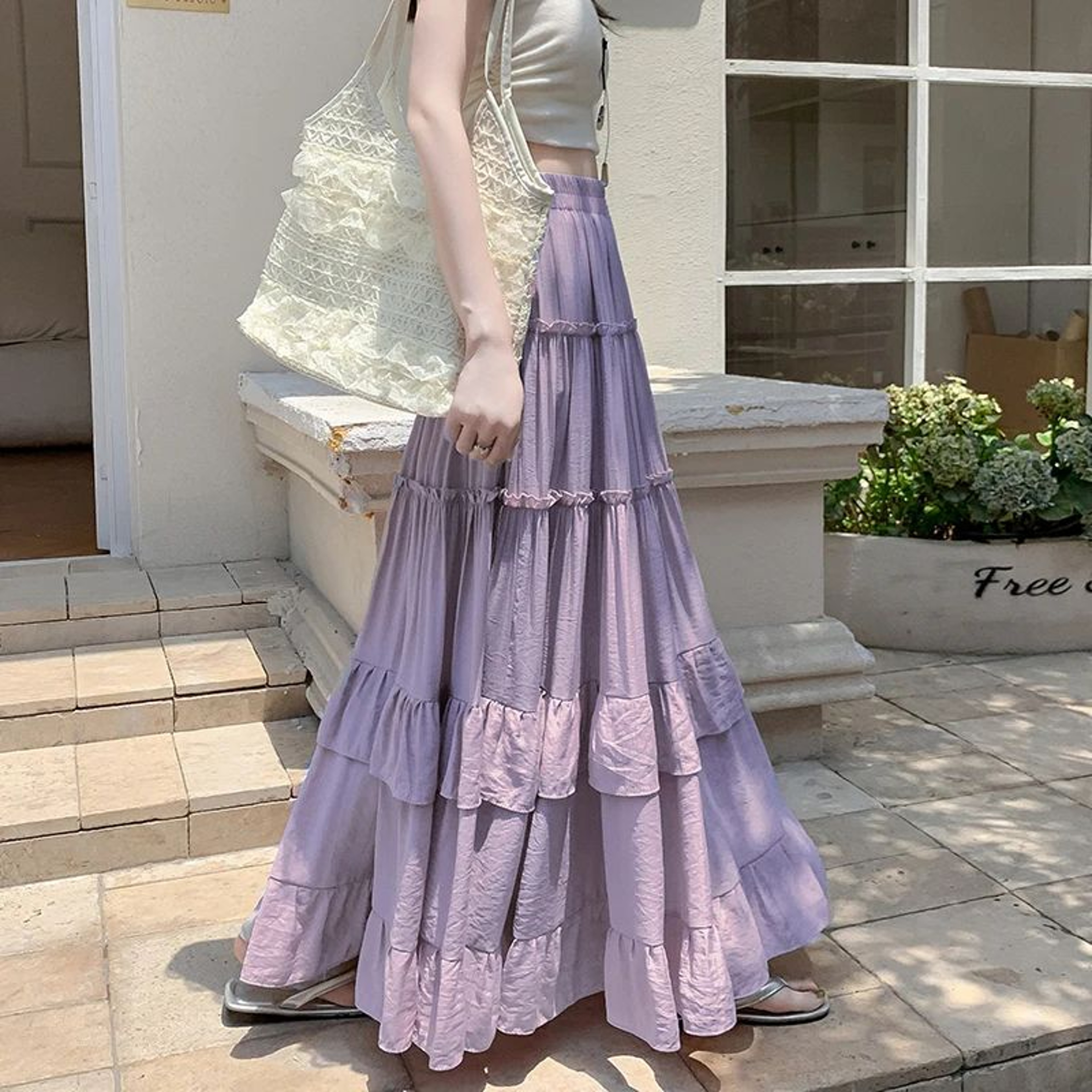Womes High Waist Tiered Ruffle Chiffon Maxi Skirt 7