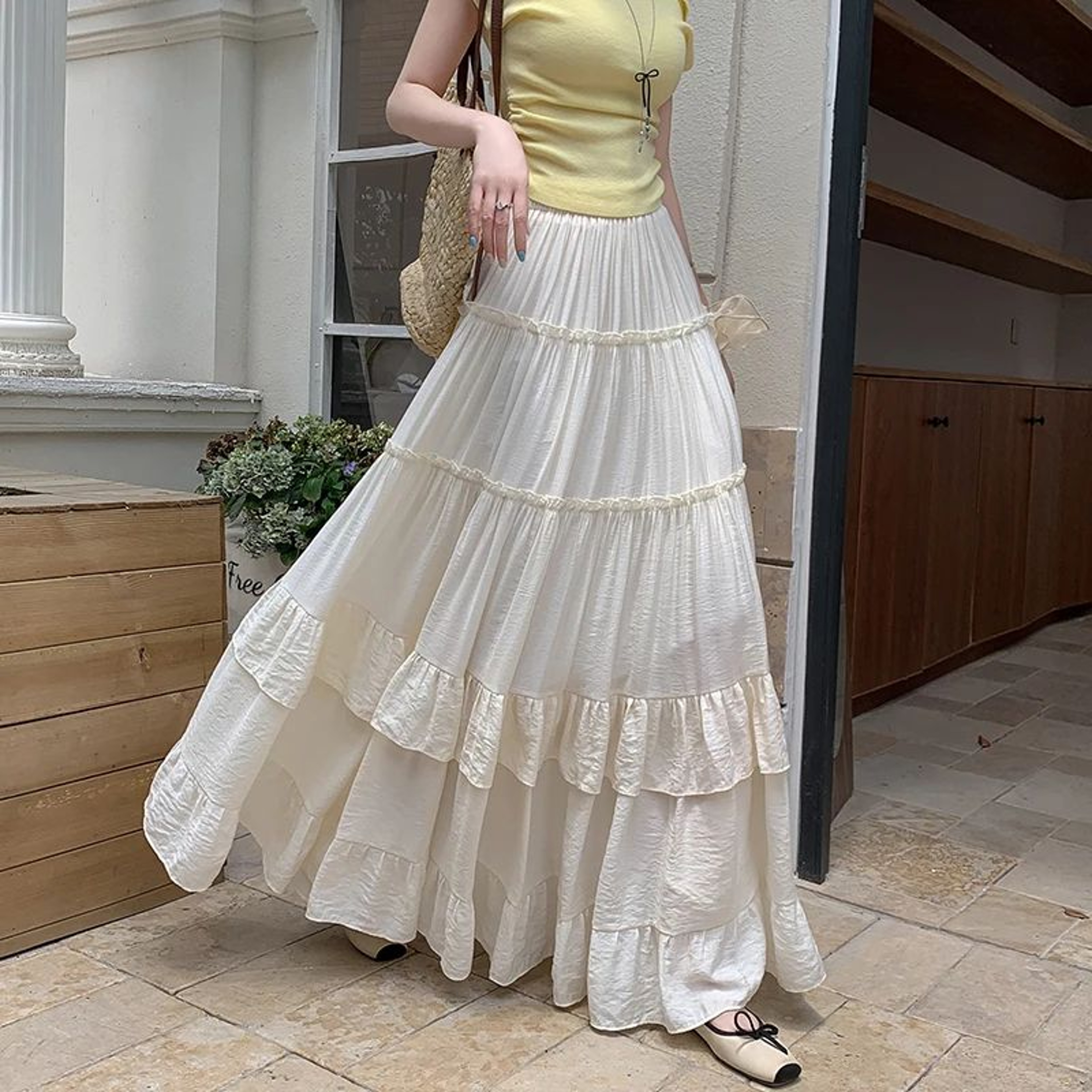 Womes High Waist Tiered Ruffle Chiffon Maxi Skirt 6