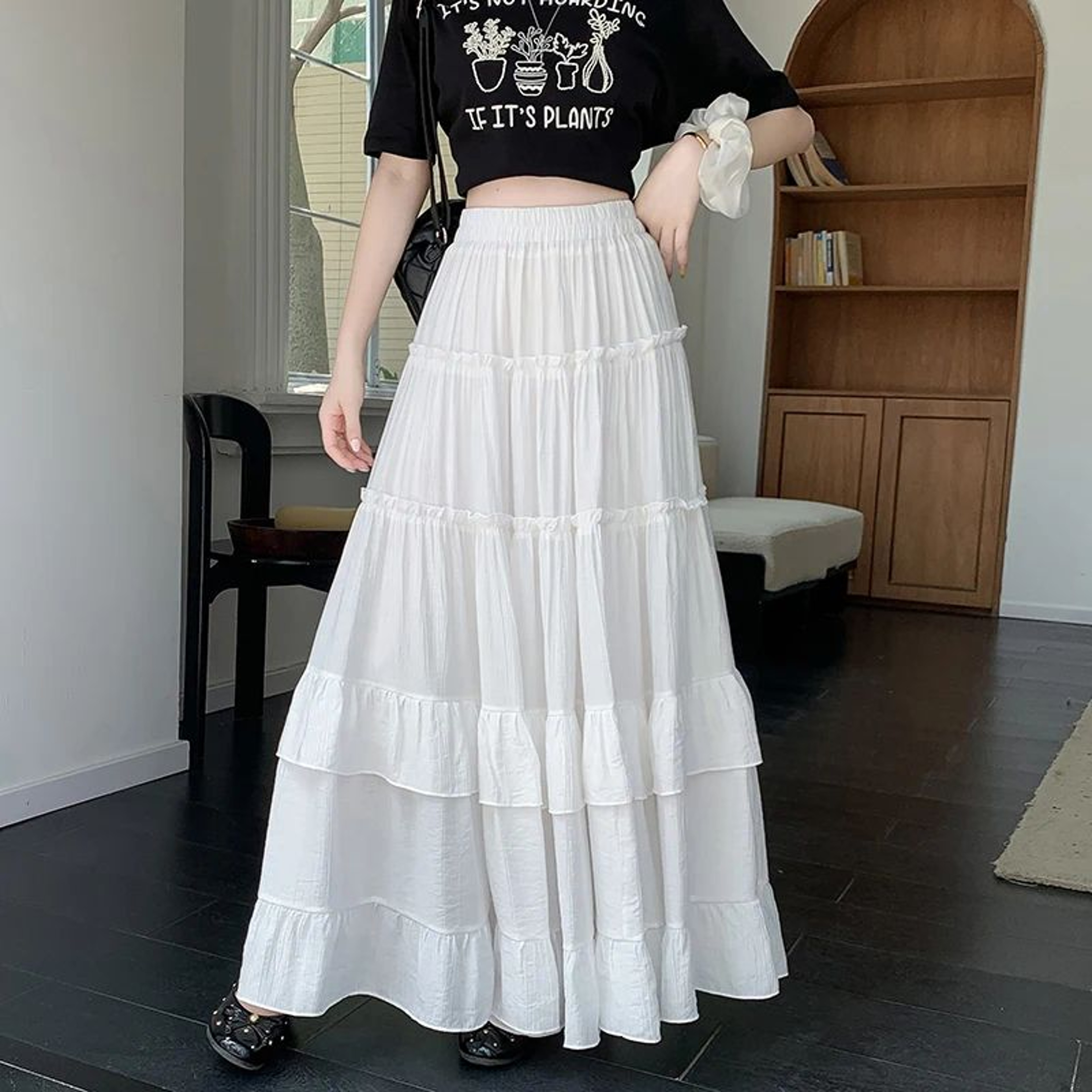 Womes High Waist Tiered Ruffle Chiffon Maxi Skirt 8