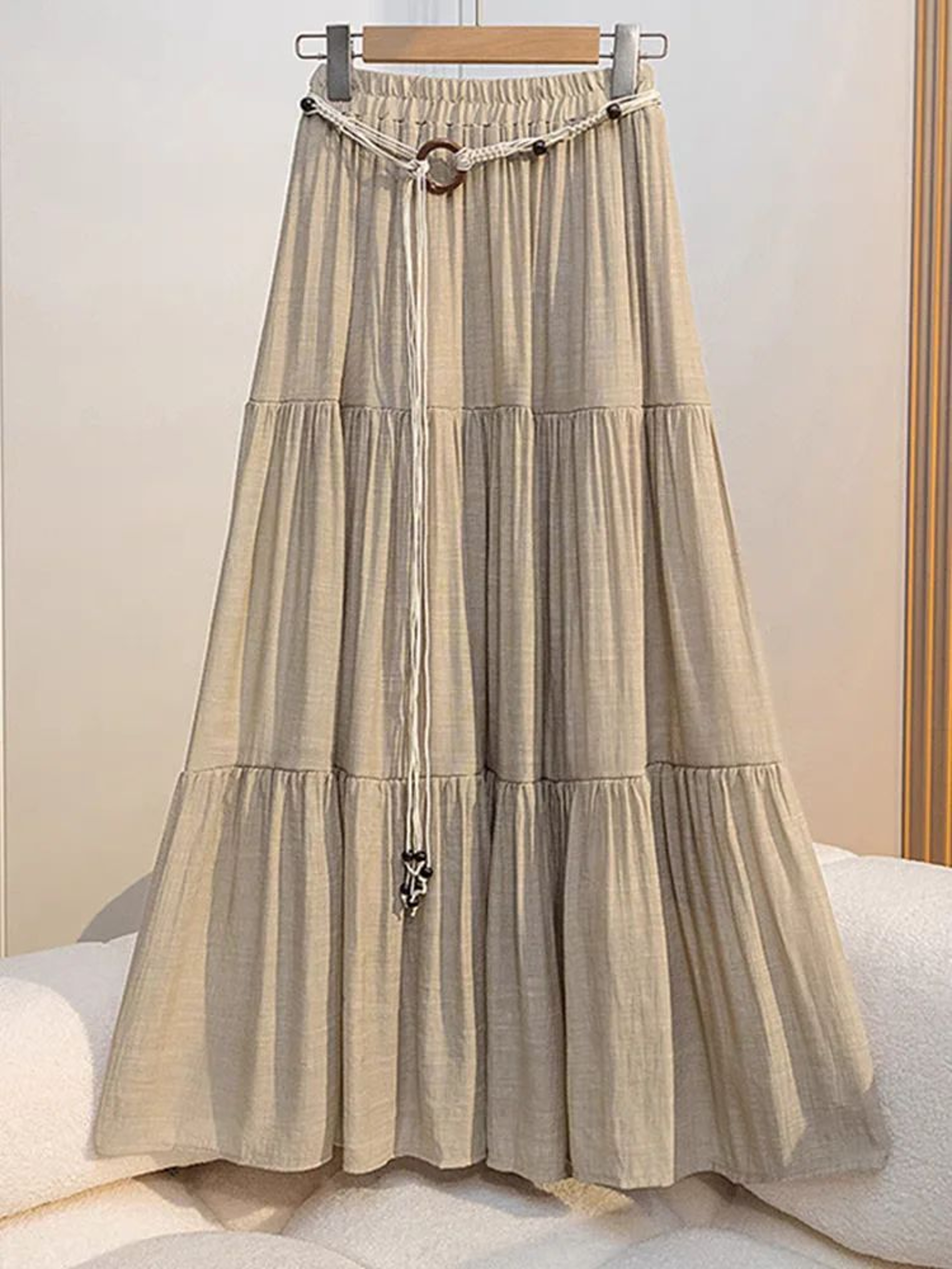Womens Boho Cotton Linen Midi Skirt Flowy ALine Pleated Summer Skirt 2